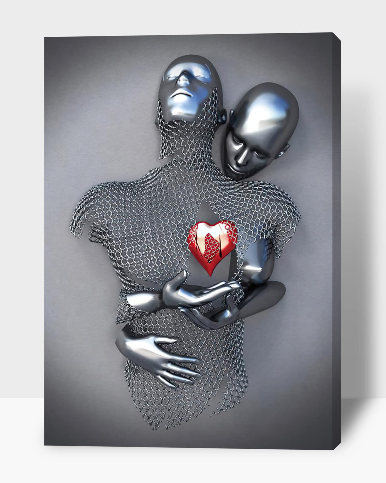 3D Metal Effect Love Heart Gray Canvas Wall Art - Romantic Hugging Couple Painting for Bedroom & Living Room Decor - Valentine's Day Gift for Couples (28x40 Inches) - Perfect for Anniversary, Wedding & Home Interior Design