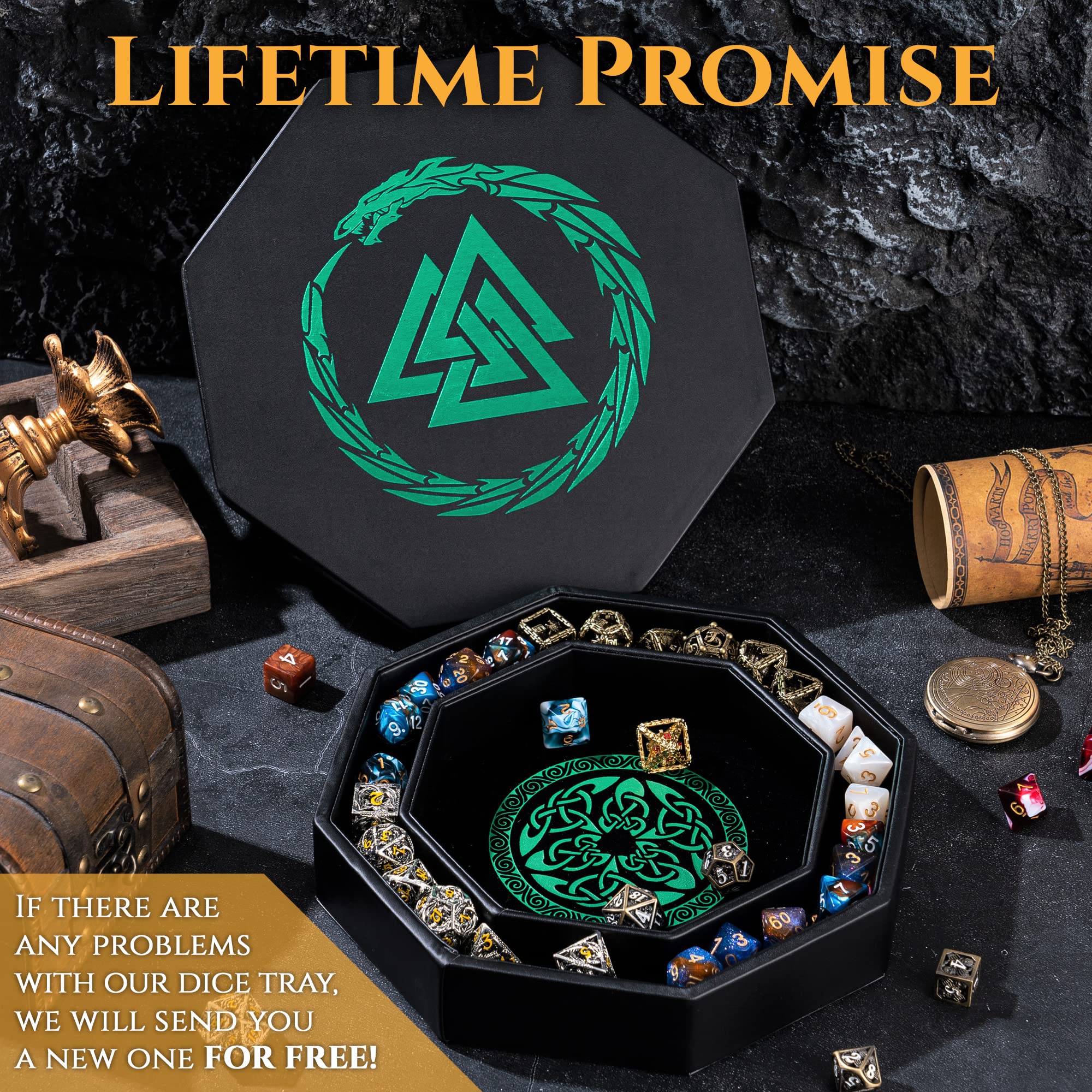 Premium 8 Inch Dice Rolling Tray for DND & Tabletop RPGs - Viking Valknut & Dragon Design with Storage Box - Perfect for Dungeons & Dragons, Pathfinder, MTG - Protect Your Dice During Game Nights & Travel