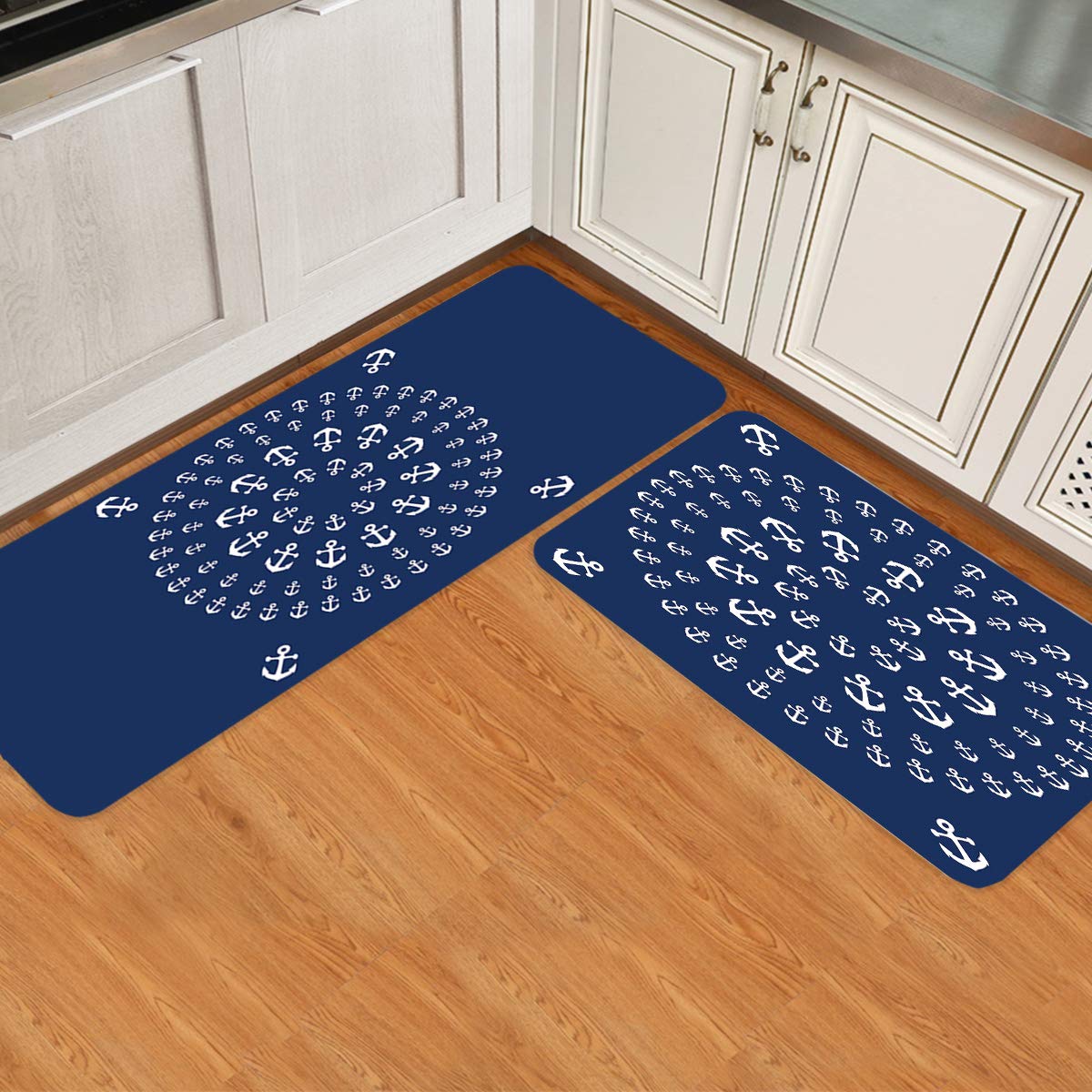 Marine Kitchen Mats Cushioned Anti-Fatigue 2-Piece Set, Non-Slip Waterproof Floor Mats for Standing Comfort, Round Anchor Design in Navy Blue, Ideal for Kitchens, Laundry Rooms, and Workspaces