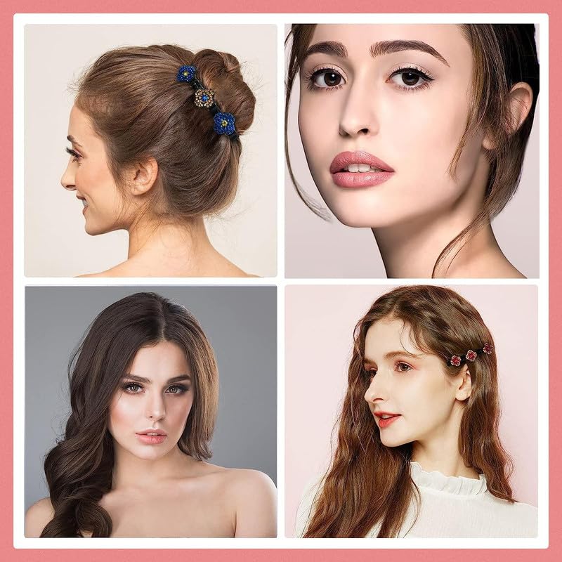 FAMEZA 4PCS Rhinestone Hair Clips Set - Sparkling Crystal Braided Hairpins with 3 Small Clips, Elegant Four-Leaf Clover Satin Design for Women & Girls | Perfect for Weddings, Parties, Prom and Daily Styling