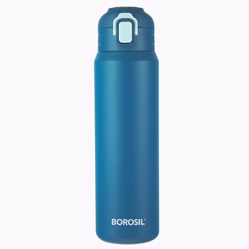 Borosil Aquasport 800ml Stainless Steel Insulated Water Bottle - 10 Hours Hot & Cold Retention, Double Wall Vacuum Insulated Flask for Office, Gym, School, Hiking & Outdoor Activities - 1 Year Warranty (Blue)