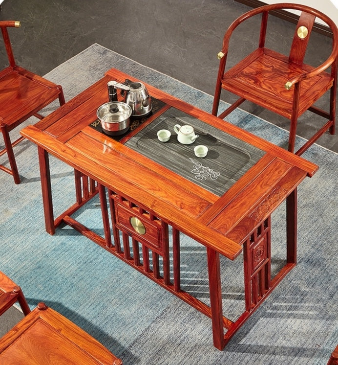 Premium African Rosewood Tea Table Set - Handcrafted Wooden Coffee Table with Matching Stools for Living Room, Lounge, or Patio Decor