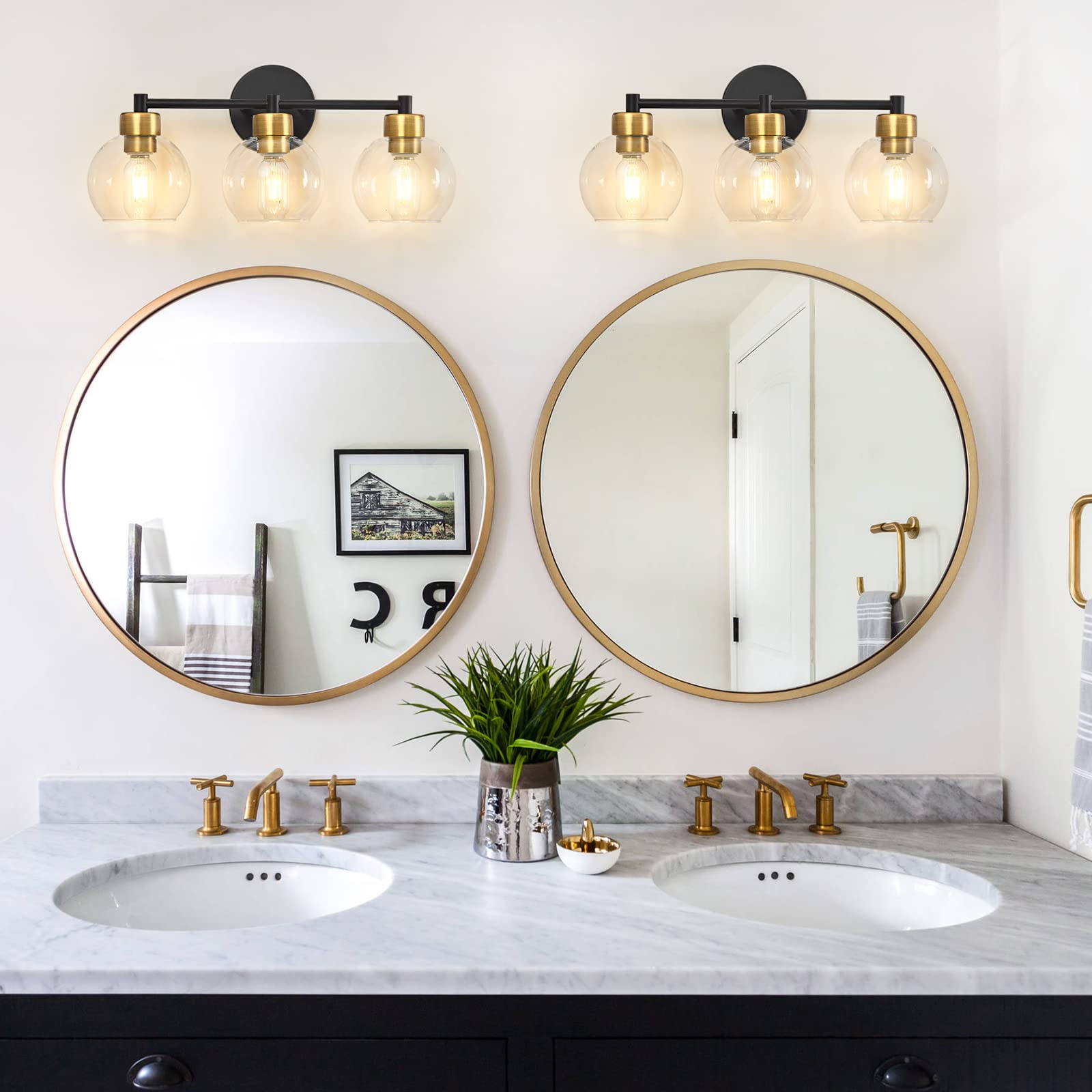 Black and Gold Bathroom Vanity Light Fixture - 3-Light Round Wall Sconce with Clear Glass Shades for Mirror, Bedroom, Living Room & Kitchen - Perfect for Modern Home Decor and Ambient Lighting