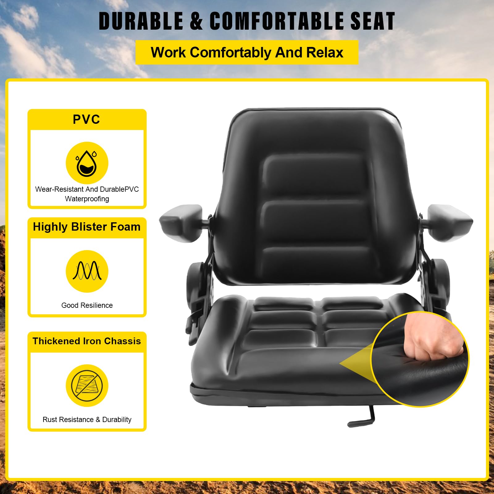 **Universal Adjustable Forklift Seat with Foldable Design & Armrest - Heavy-Duty Tractor Seat for Lawn Mowers, Excavators, Backhoes & Dozers - Perfect for Farming, Construction & Outdoor Equipment**
