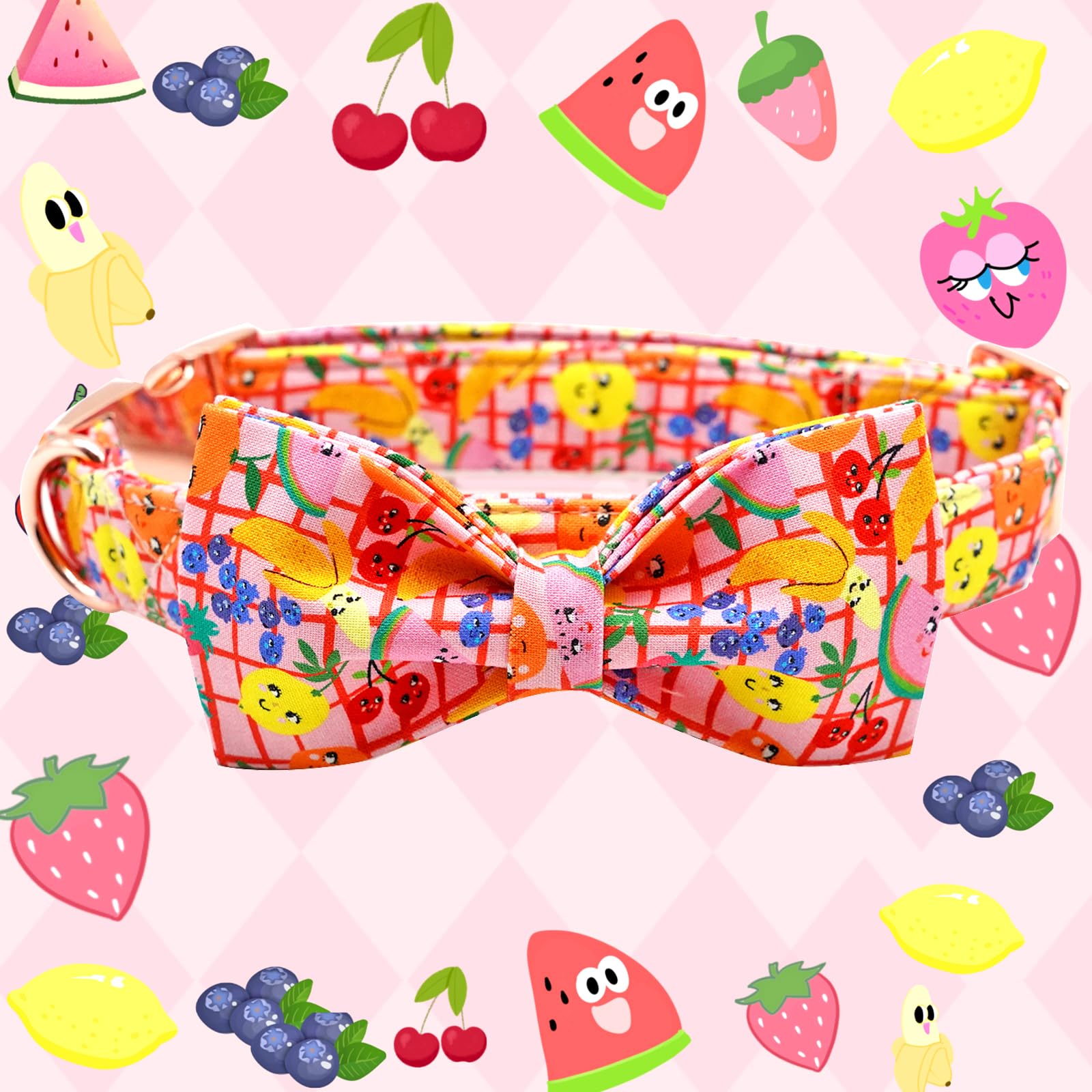 Elegant Bow Tie Dog Collar with Fruit Print - Adjustable Pet Collar for Small Medium Large Dogs | Perfect for Puppies, Daily Walks & Special Occasions