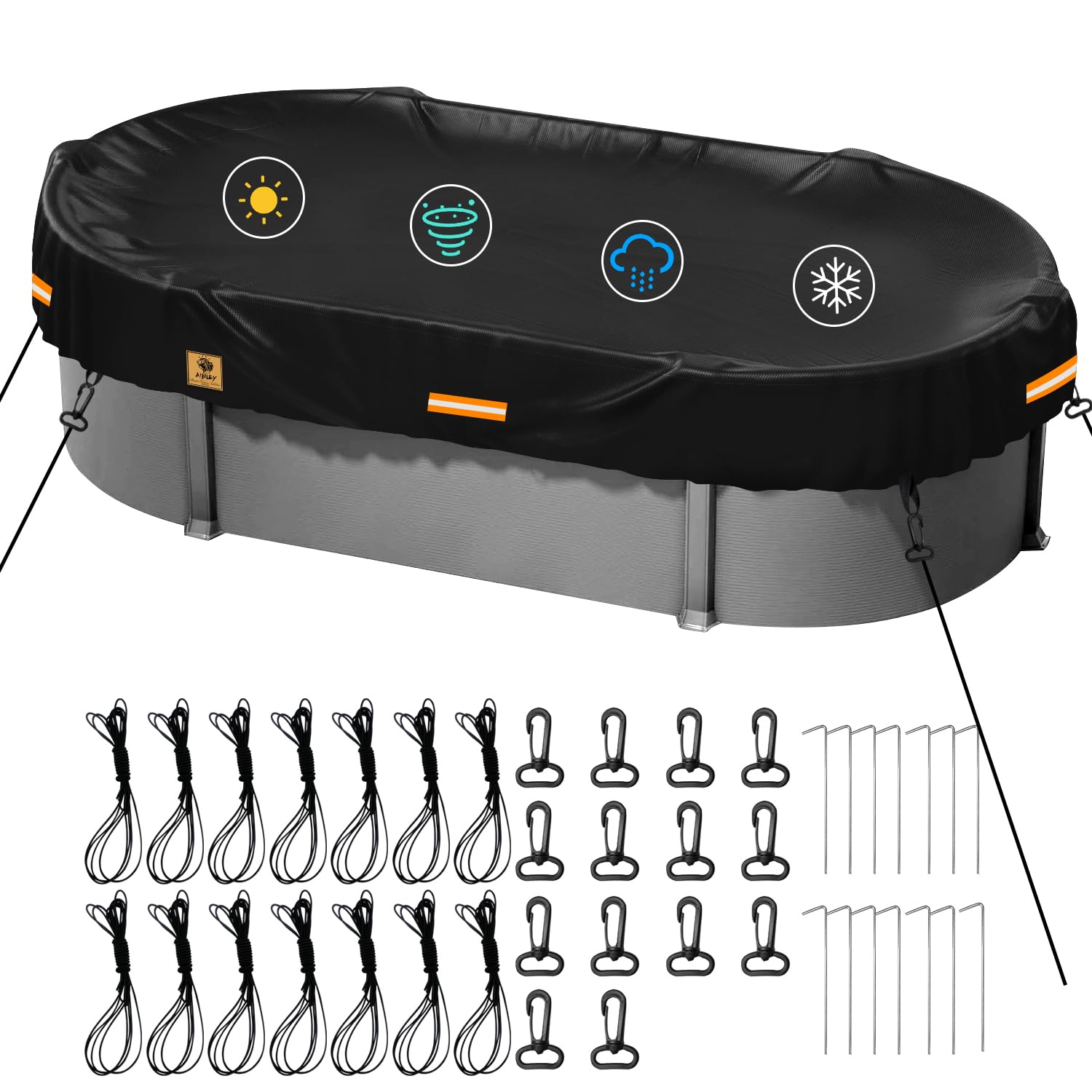 12x24ft Rectangle Above Ground Pool Cover - Heavy Duty 420D Polyester Winter Pool Cover for Oval Pools | Waterproof, Tearproof & UV-Resistant with Ground Nail Sets | Perfect for Winter Protection & Summer Solar Heating