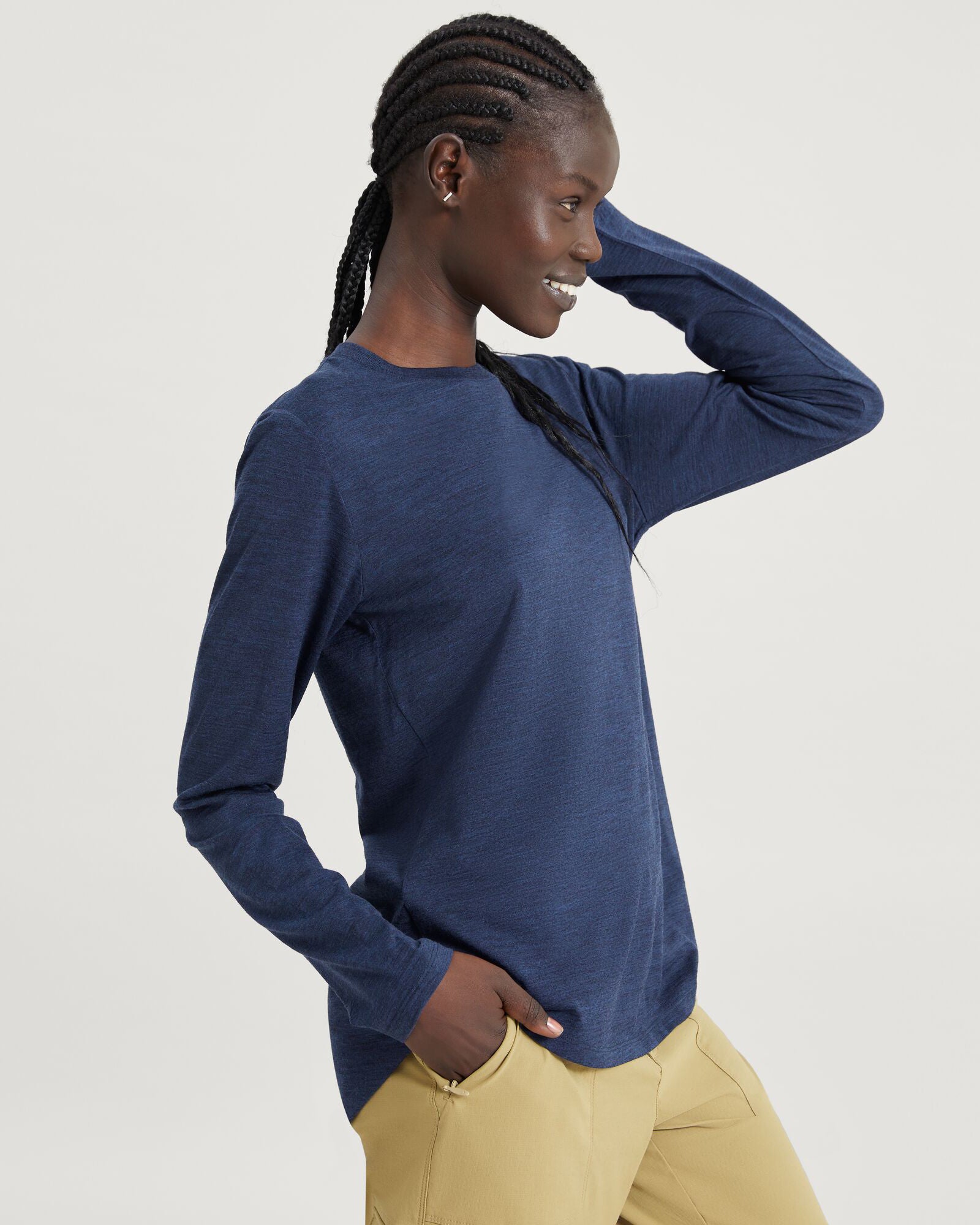100% Merino Wool Long Sleeve Crew Neck Top for Women - Soft & Warm Winter Base Layer - Midnight Navy Marle - Perfect for Hiking, Travel & Cold Weather Activities