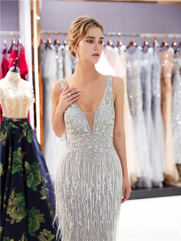 Elegant Gray V-Neck Lace Beaded Mermaid Prom Dress for Evening Parties & Formal Events - Perfect for Homecoming, Prom Night, and Special Occasions