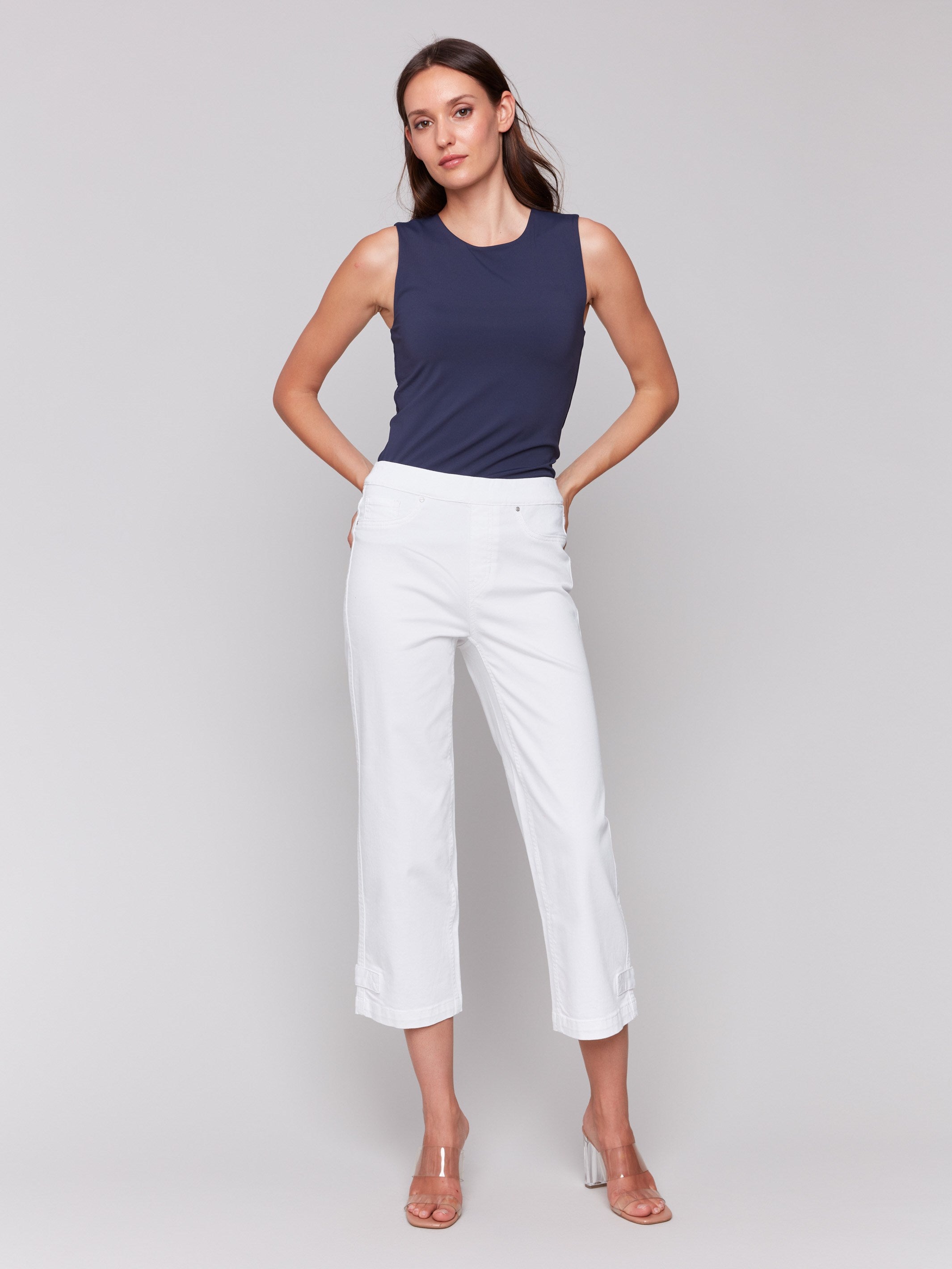 Cropped Pull On Twill Pants for Women - High Waisted Comfortable Casual Pants with Hem Tab in White | Perfect for Office, Travel & Everyday Wear