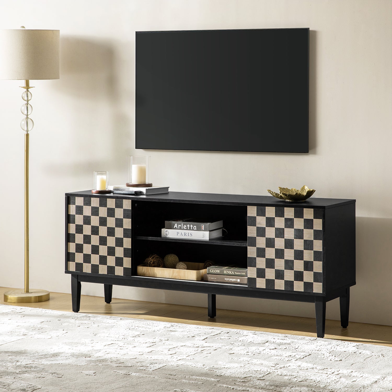 Regal 58-Inch Wide TV Stand with Reversible Checkered Game Board - Modern Entertainment Center for Living Room, Game Nights & Family Gatherings