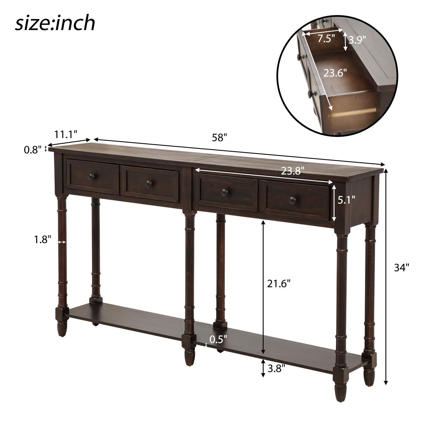 Rustic Espresso Console Table with 2 Large Drawers & Bottom Shelf - Entryway Sofa Table, Buffet Sideboard for Living Room, Hallway & Dining Room Storage Solution
