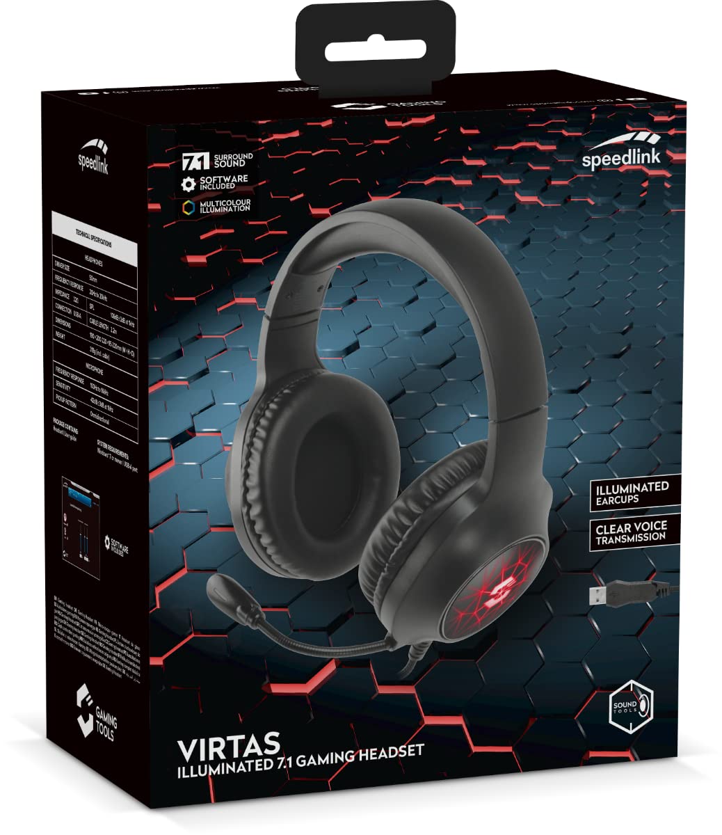 Speedlink VIRTAS Wired 7.1 Gaming Headset with Microphone - Customizable 7.1 Surround Sound, USB Connection, RGB LED Lighting, Volume Control via Cable Remote, Black - Perfect for PC Gaming, Streaming & Esports