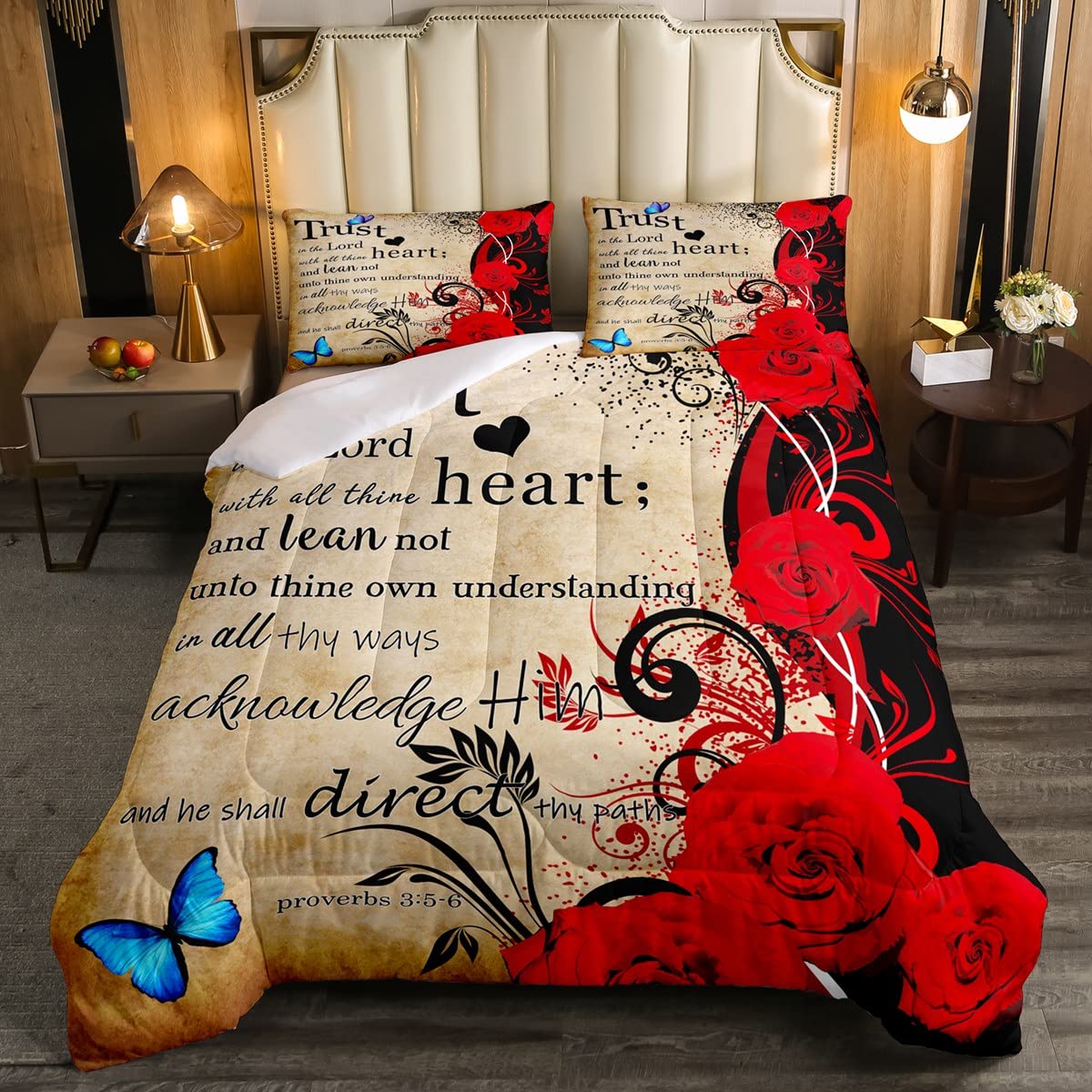 Romantic Red Floral Bedding Set for Women & Couples - Blue Butterfly Decor Duvet Cover with Insert, Nature-Inspired Floral Print Quilted Comforter (Twin Size, Red/Brown) - Perfect for Valentine's Day Gifts & Cozy Bedroom Decor