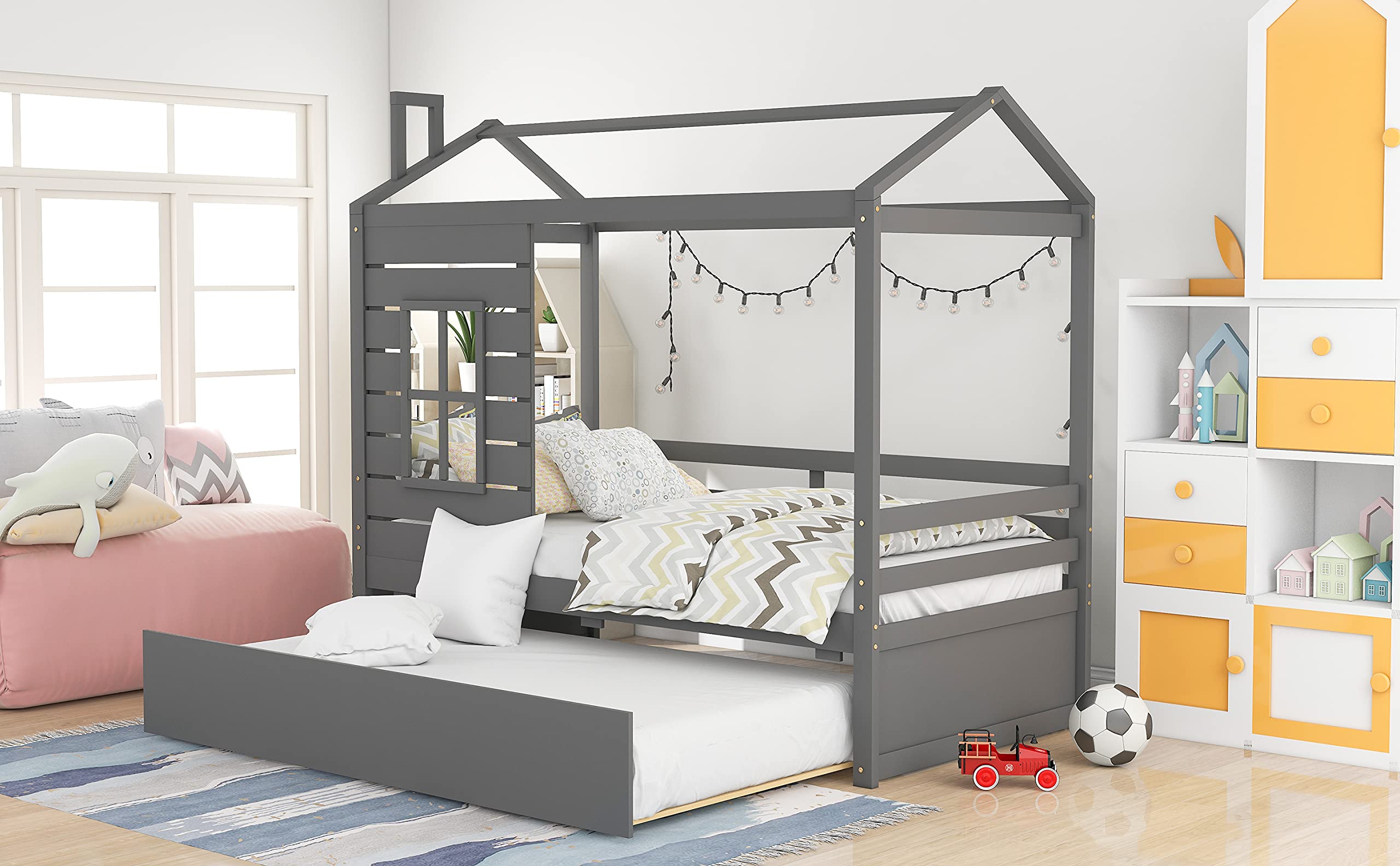 RUNNA Twin Size Wooden House Bed with Trundle - Gray Kids Bed Frame with Roof, Window & Guardrail for Children's Room | Perfect for Toddlers, Boys & Girls Bedroom Decor | Playful Sleep Solution for Daydreaming & Imaginative Play