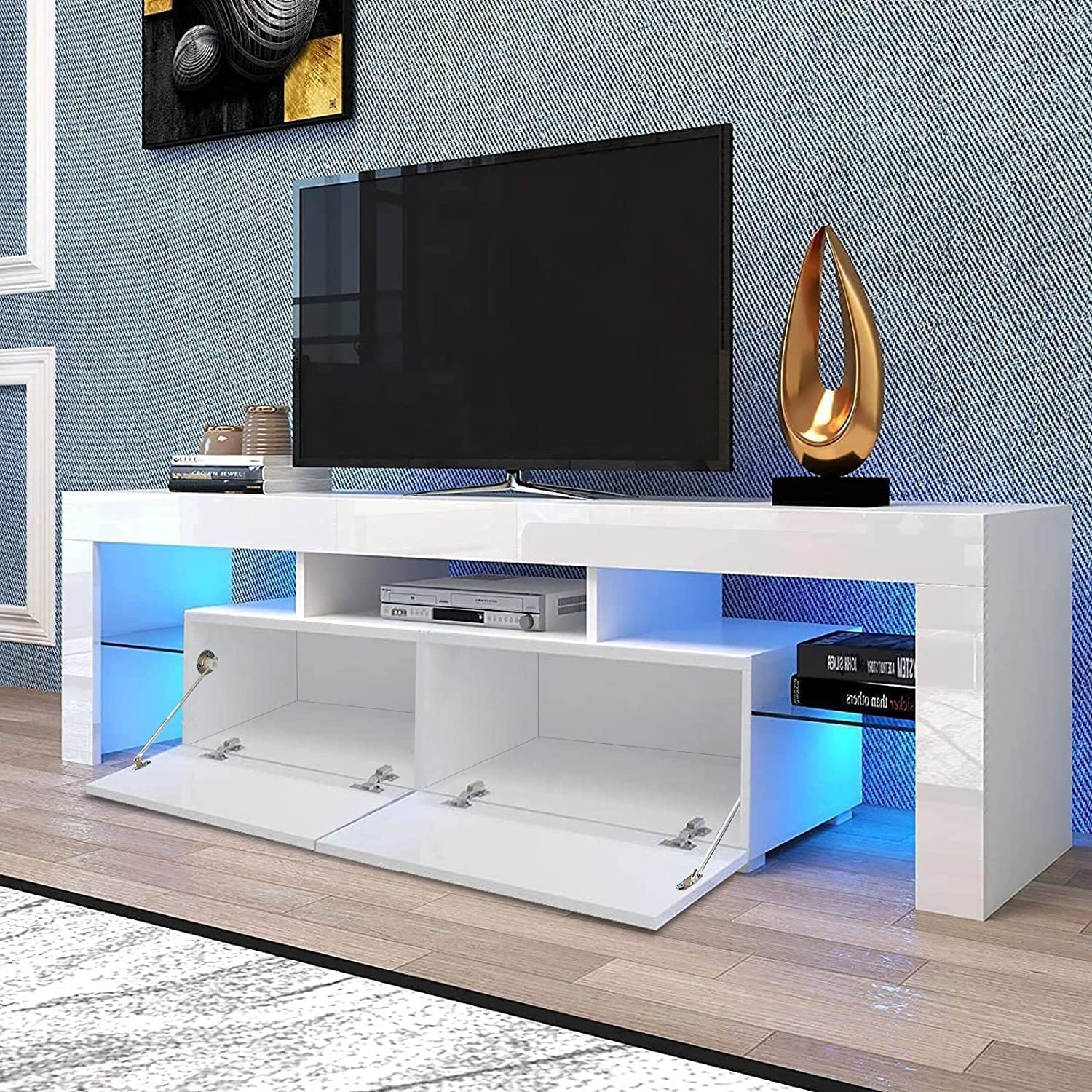 Modern TV Stand for 65 Inch TVs - Quick Assembly White LED Entertainment Center with 2 Drawers, Sturdy Living Room TV Console Table | Perfect for Home Theater Setup & Living Room Organization