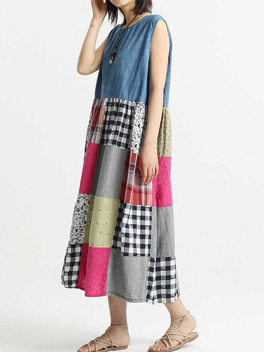 Plus Size Patchwork Summer Sleeveless Women's Loose Dress - Flowy Boho Maxi Dress for Beach, Vacation & Casual Wear
