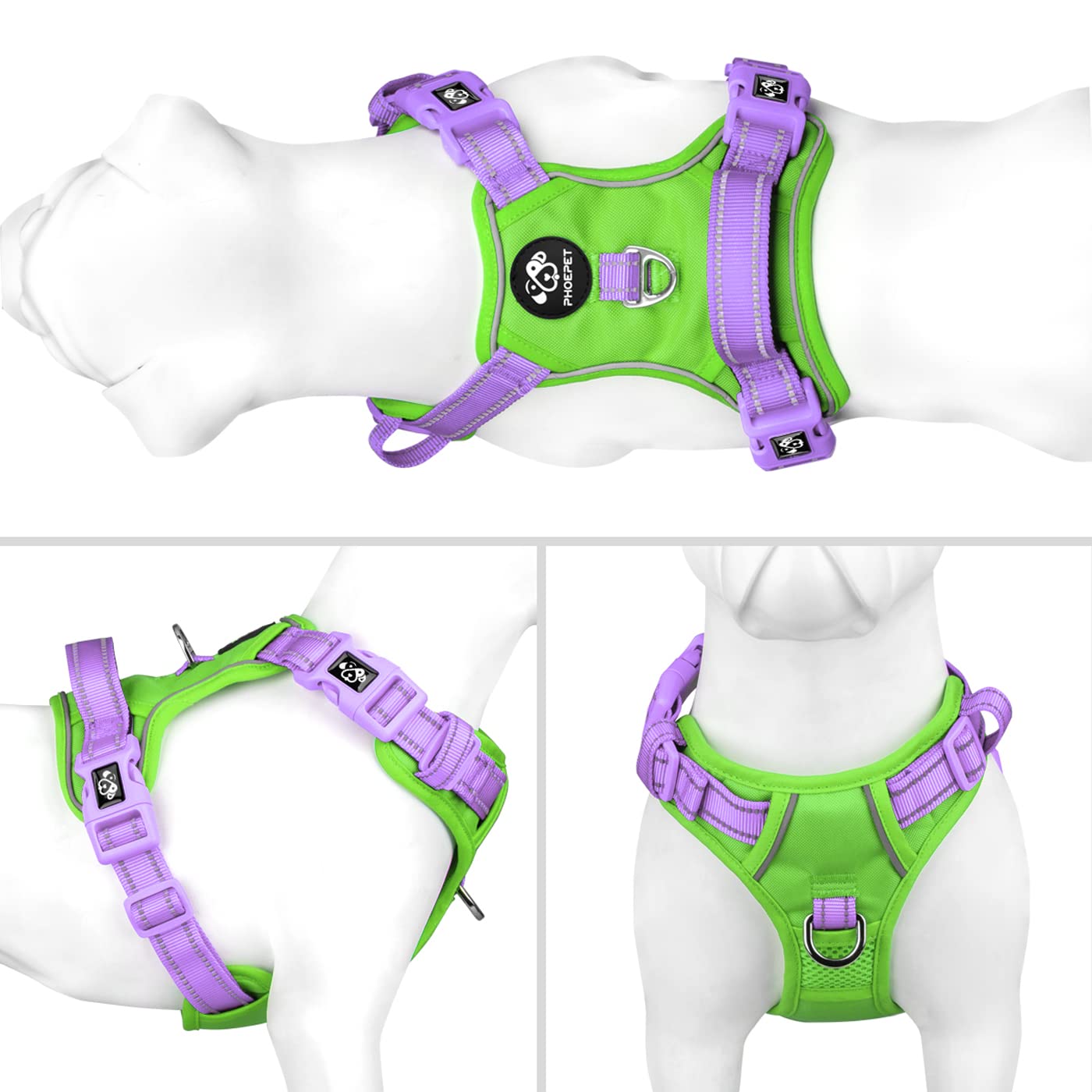 PHOEPET No Pull Dog Harness - Reflective Adjustable Vest with Soft Training Handle & Metal Clips for Small, Medium, Large Dogs (Green Base & Purple Straps, Size S) - Perfect for Walking, Training, and Nighttime Safety