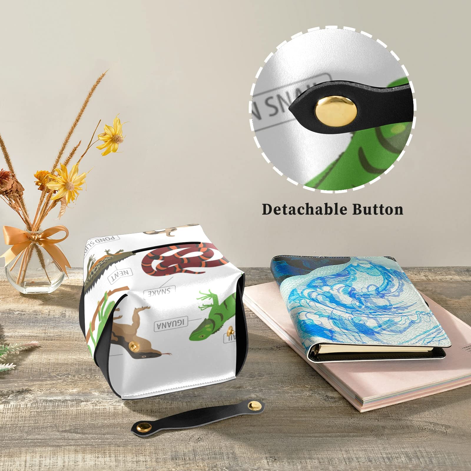 Premium Leather Tissue Box Cover for Reptile Lovers - Green & Brown Square Design with Handle for Frog, Iguana, Lizard, Snake, Newt & Turtle Enthusiasts - Perfect for Bathroom, Home, Nightstand, Vanity, Office Desk & Car (5.7x5.7x5.7 Inches) - Ideal Gift for Pet Owners & Reptile-Themed Decor