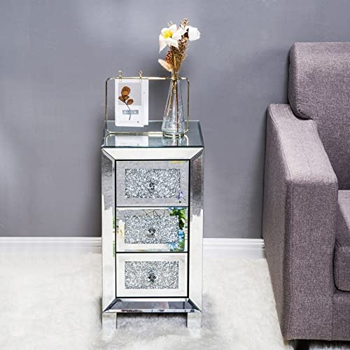 Modern 3-Drawer Mirror Surface Nightstand - Silver Glass Wood with Mirrored Finish | Bedroom Furniture for Bedside Storage & Decor