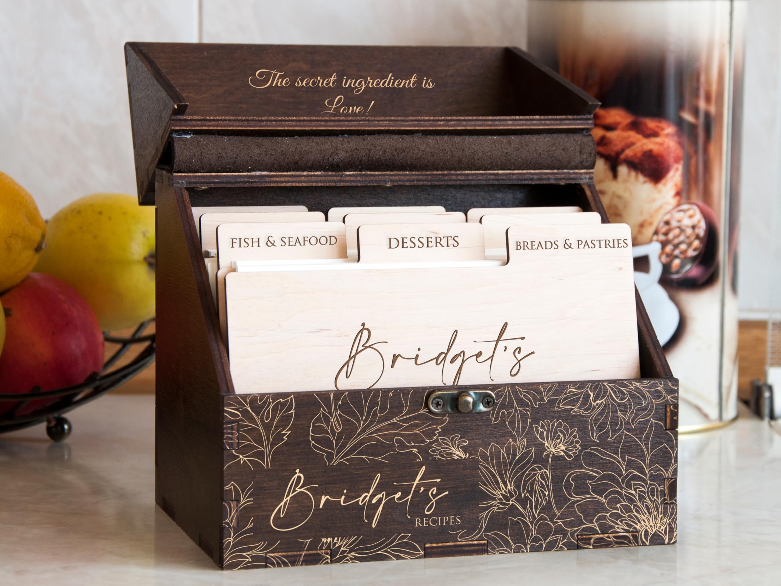 Handmade Wooden Recipe Box with Recipe Cards & Dividers - Custom Family Recipe Organizer Kitchen Décor - Perfect Birthday, Christmas Gift for Daughter, Bridal Shower Gift for Bride to Be - Ideal for Storing & Organizing Family Recipes in Kitchen