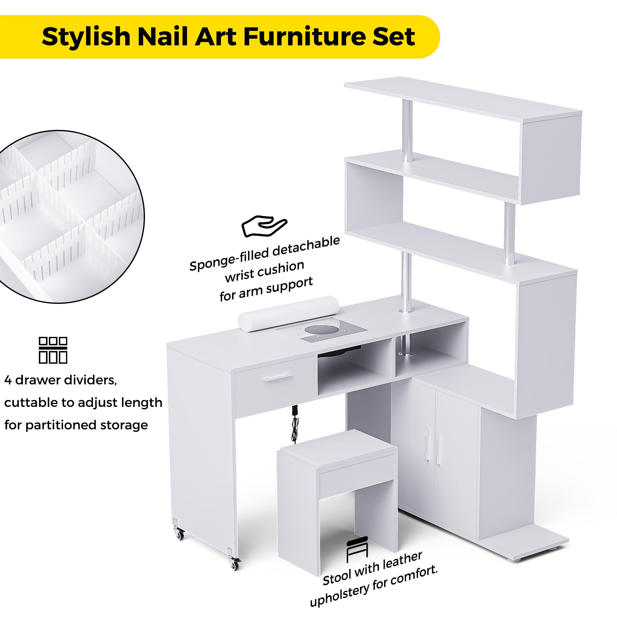Professional L-Shaped Manicure Table with Built-in Dust Collector, Rotating Reversible Nail Tech Desk with Stool, 2-Way Drawers & Storage Shelves - Mobile Manicure Workstation on Wheels (White) - Perfect for Nail Salons, Home Studios & Professional Nail Technicians