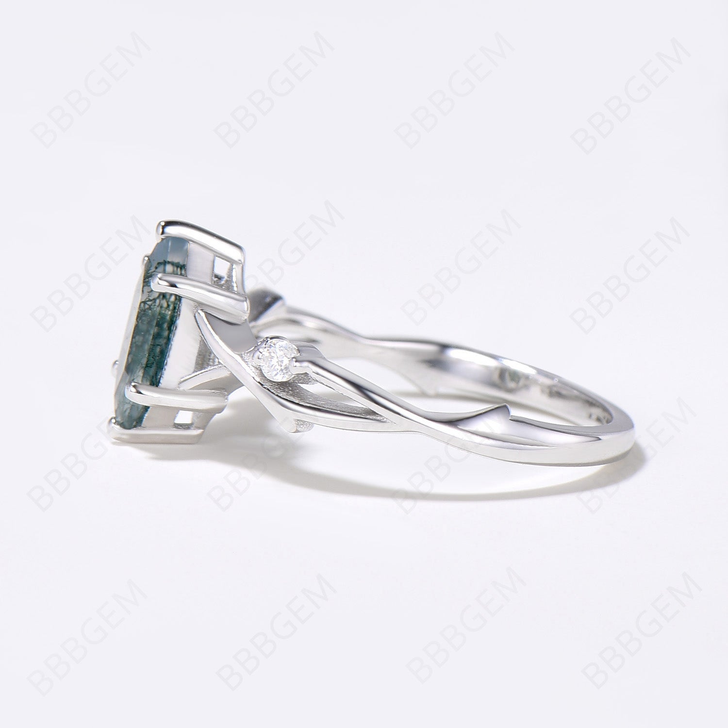 Women's Moss Agate Long Hexagon Ring - Twig Branch Green Agate Elongated Promise Ring in 925 Sterling Silver - Perfect for Engagement, Anniversary & Boho Jewelry Gifts