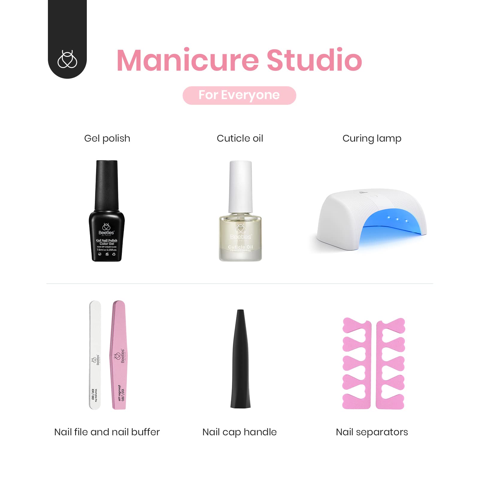 Beetles Gel Nail Polish Kit with UV Light - 6 Colors (Pink, White, Nude & Glitter) + Base Coat, Glossy & Matte Top Coat | Soak Off UV Manicure Set | Perfect Valentine's Gift for Women | DIY Salon-Quality Nails at Home