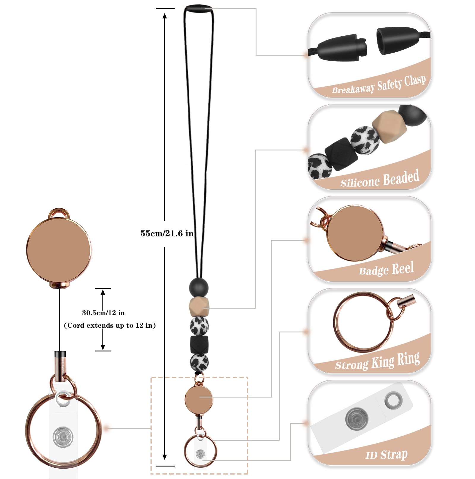 Retractable ID Lanyard for Badges & Keys - Silicone Beaded for Women, Nurses, Office - with 6 Card Holders for Work & School