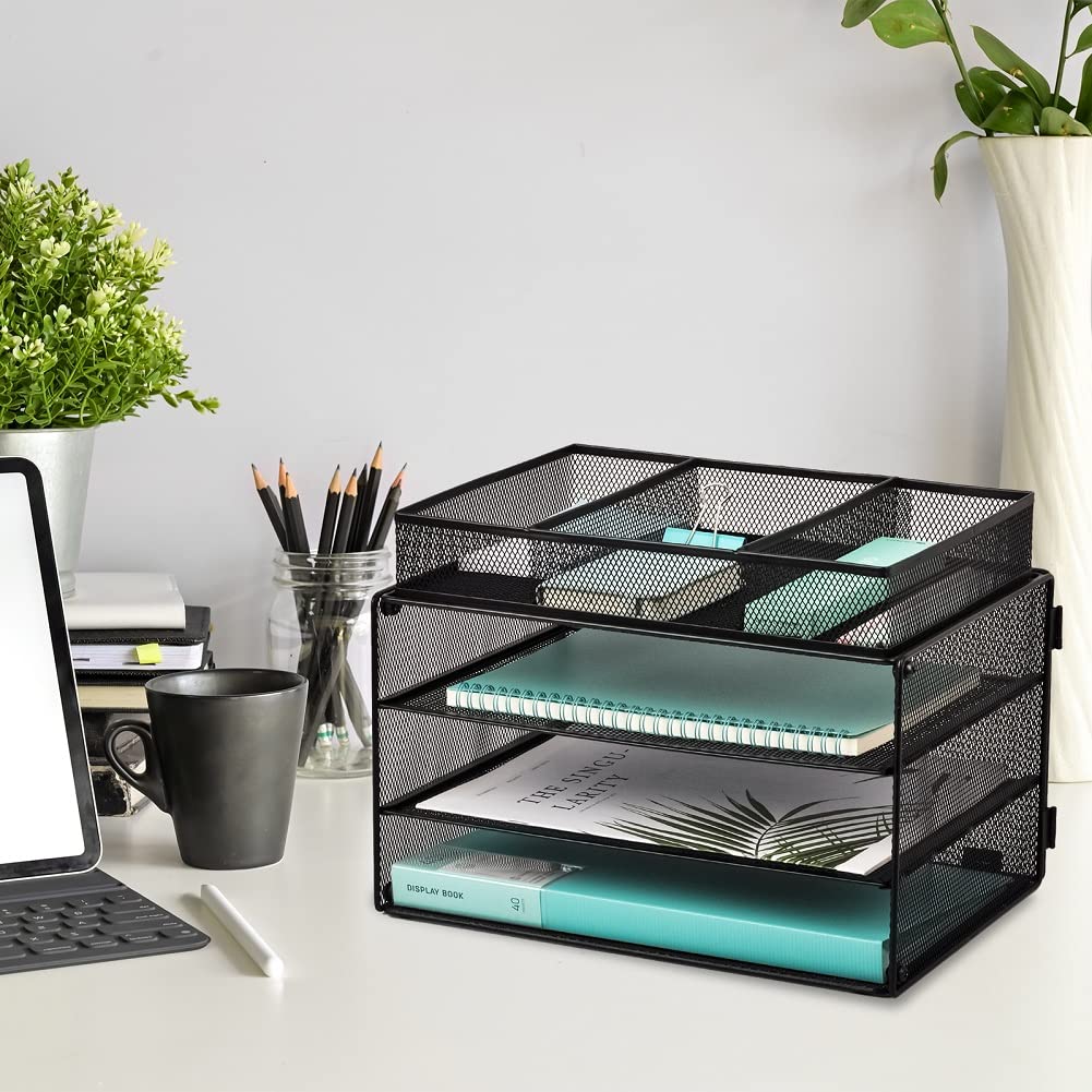EASEPRES 3-Tier Mesh Paper Organizer Tray with Drawer - Black Desk File Organizer & Letter Sorter for Home Office - Perfect for Bills, Mail, Documents and Office Supplies Storage