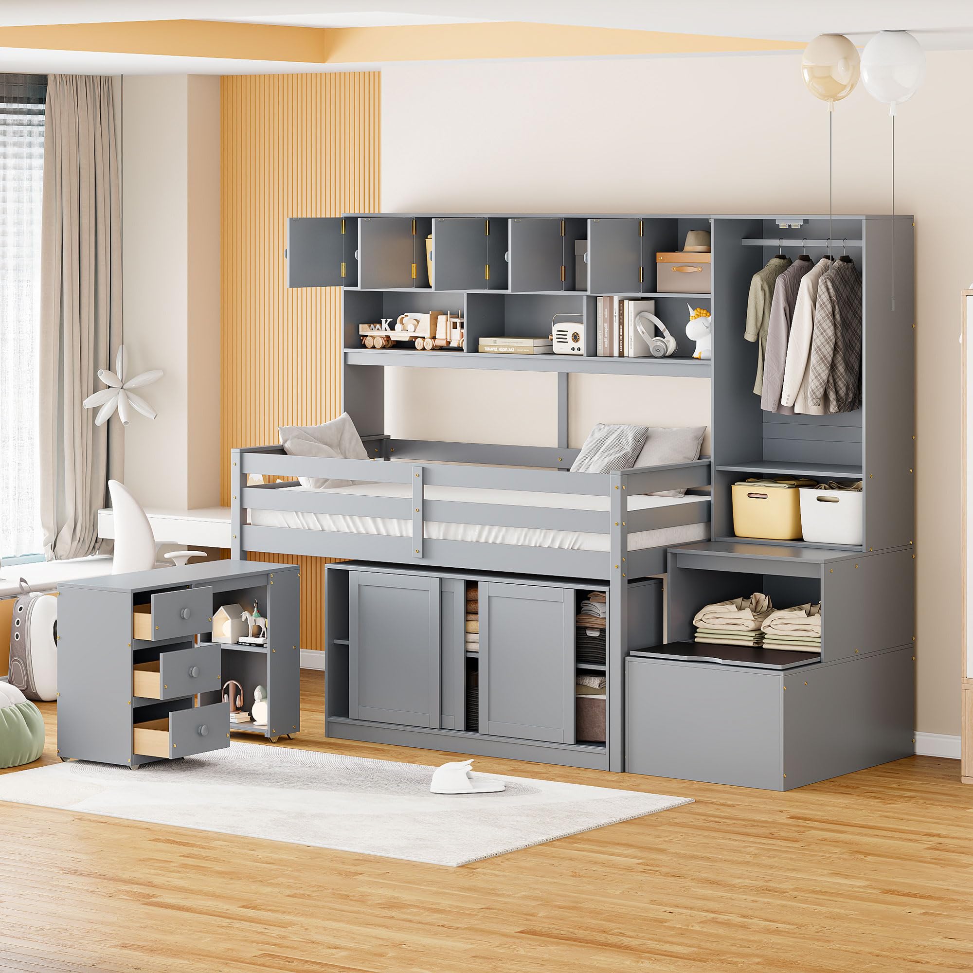 Harper & Bright Designs Kids Twin Low Loft Bed with Desk & Wardrobe - Wood Twin Loft Bed Frame with Storage Shelves & Cabinet - Perfect for Small Bedrooms, Kids & Teens Room - Space-Saving Gray Loft Bed for Study & Sleep