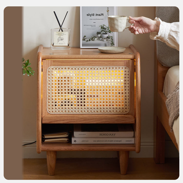 Solid Oak Wood Nightstand with Rattan Accents - Stylish Bedside Table for Bedroom Decor, Living Room, or Guest Room