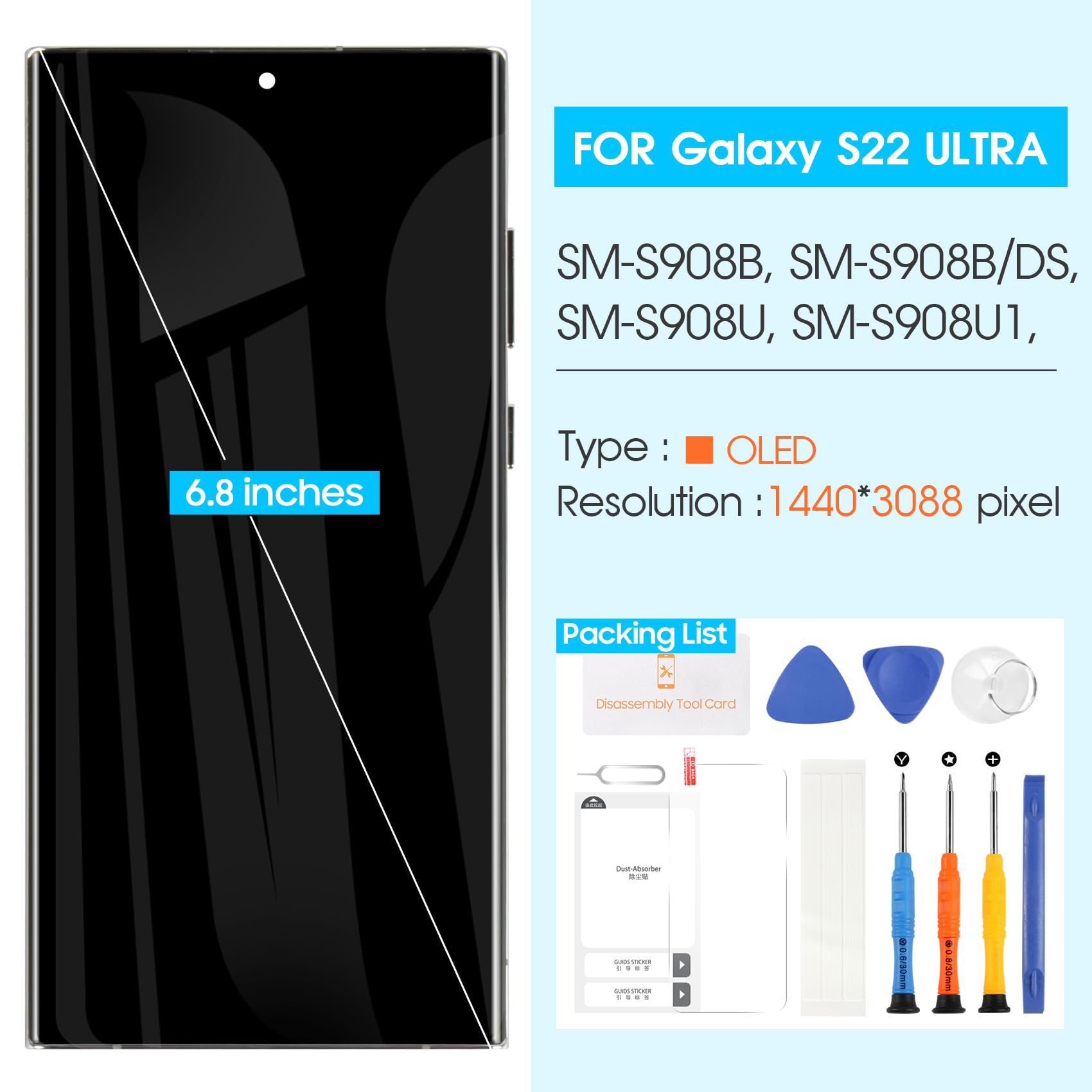 Original OLED Screen Replacement for Samsung Galaxy S22 Ultra 5G (Model SM-S908B/SM-S908U) - Full Display Assembly with Digitizer & Tools (Silver Frame) - Perfect for Cracked Screen Repair & DIY Phone Maintenance