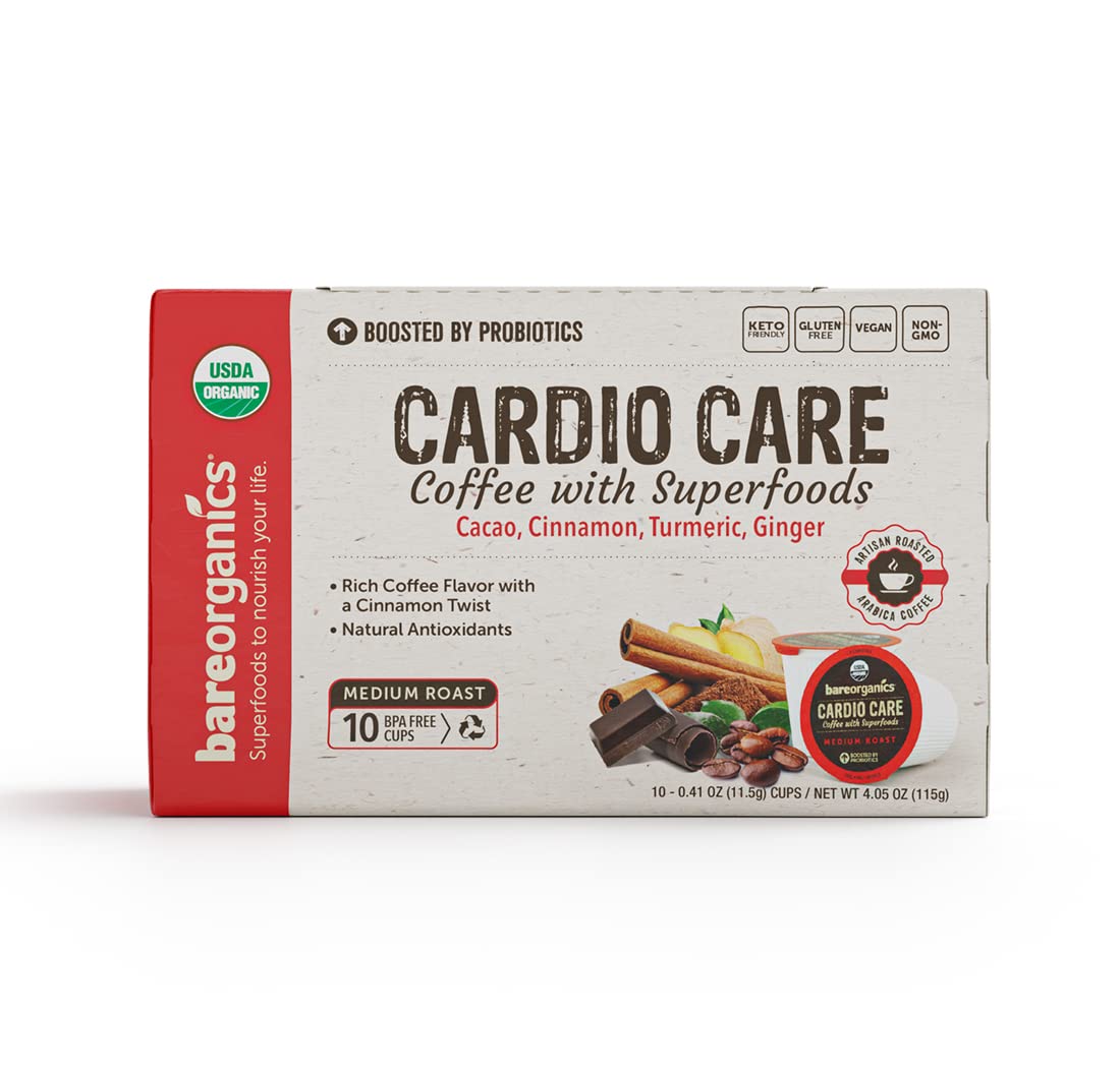 Bare Organics 15947 Cardio Care USDA Organic Coffee Pods - Keurig K-Cup Compatible, Superfood & Probiotic Infused, Vegan, Gluten Free (80 Count Bulk Pack) - Perfect for Heart Health & Morning Energy Boost