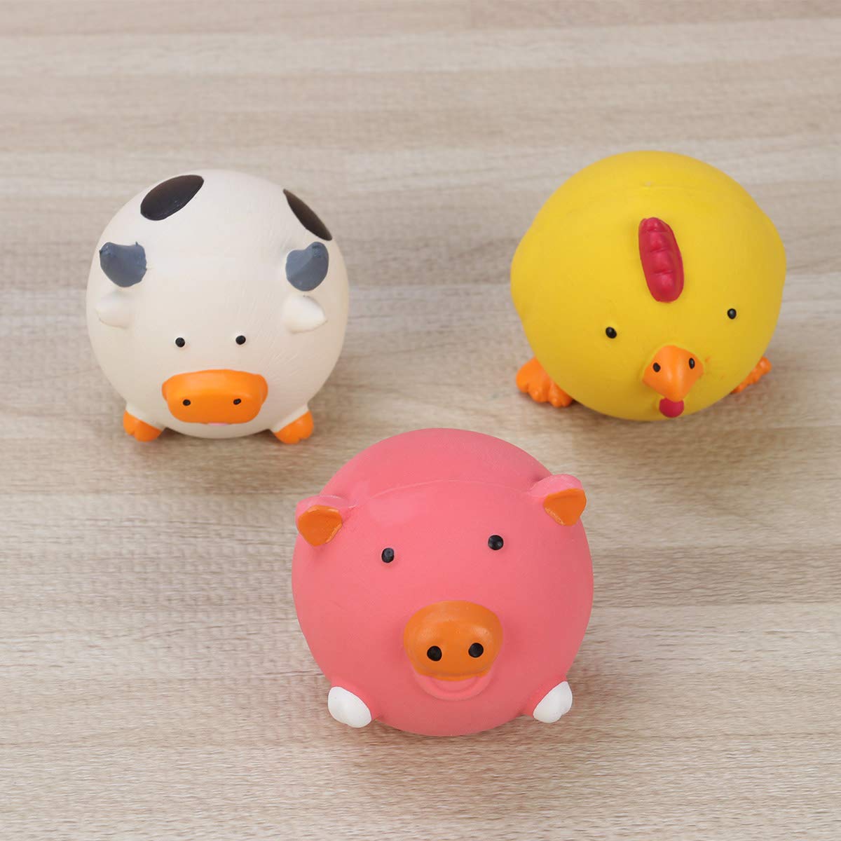 Dog Chew Toys - 3 Pack Safe Rubber Squeaky Toys for Puppies, Teething Balls with Funny Cartoon Design - Perfect for Training, Playtime & Dental Health (Blue/Red/Yellow)