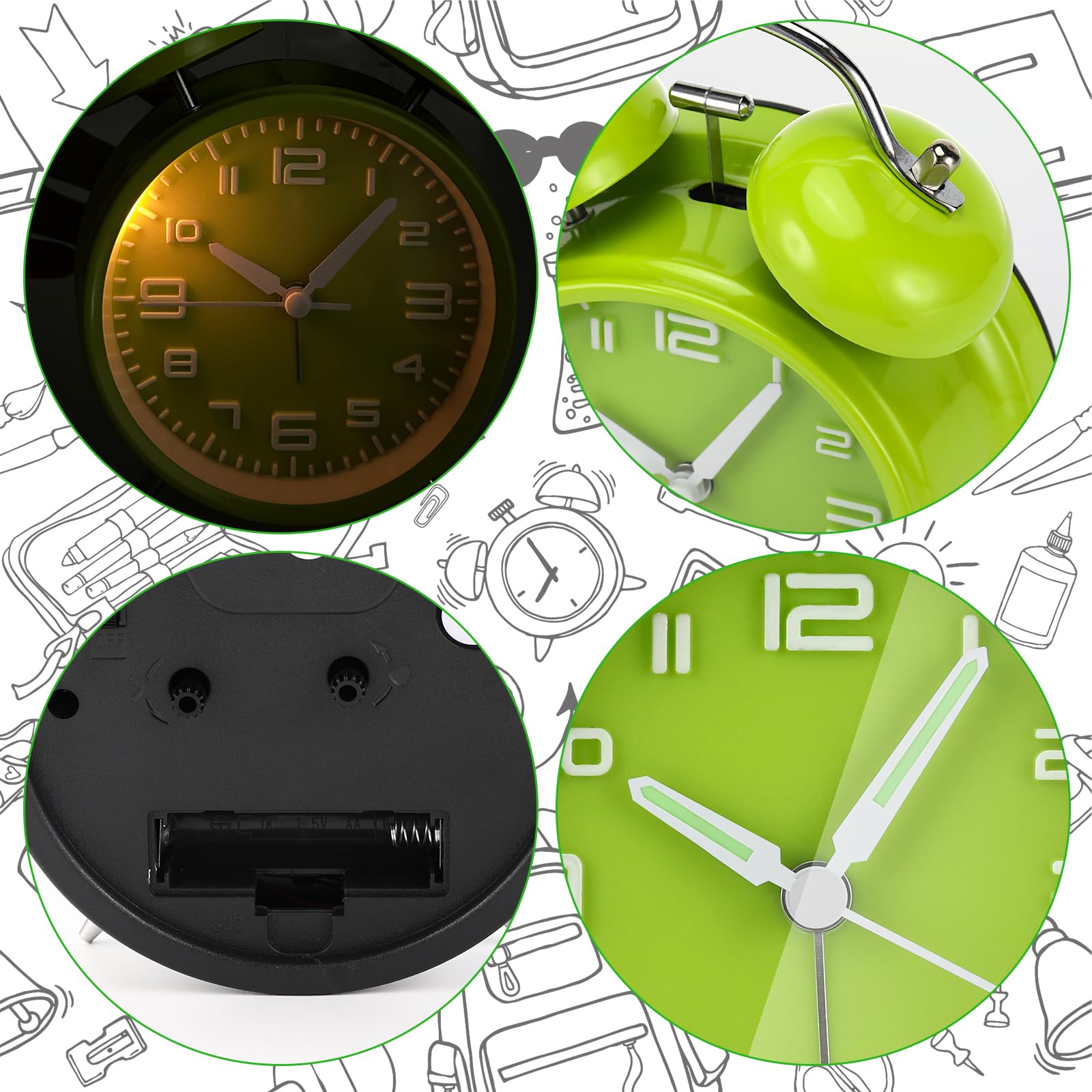 Gowkeey Silent Alarm Clock with Night Light & Luminous Hands - Non-Ticking Quartz Analog Bedside Clock, Double Bell Design (Green) | Perfect for Light Sleepers, Bedrooms, and Home Decor