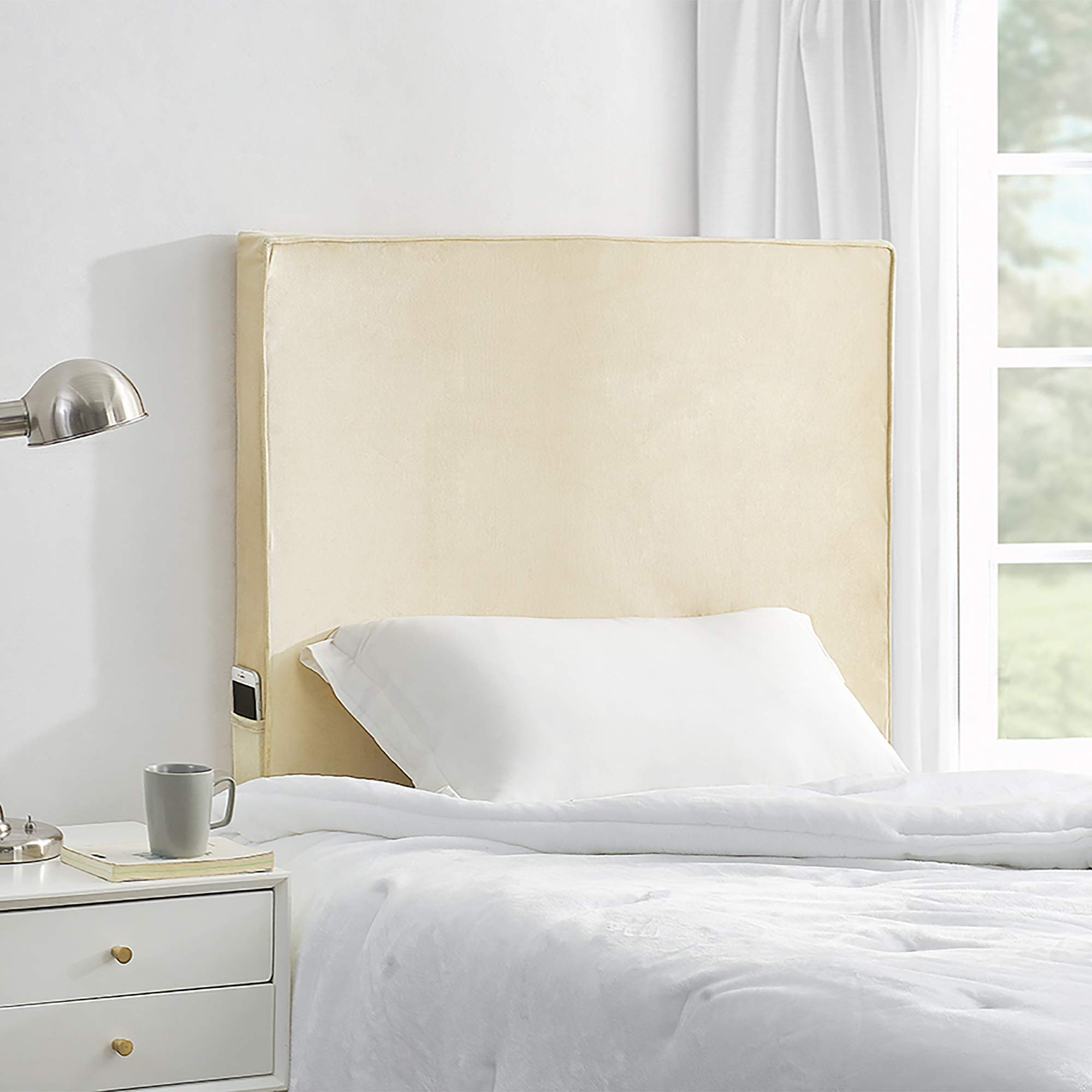Rainha Cushioned Dorm Headboard - Soft Almond Milk Velvet Upholstered Bed Headboard for College Dorm, Bedroom & Apartment Decor