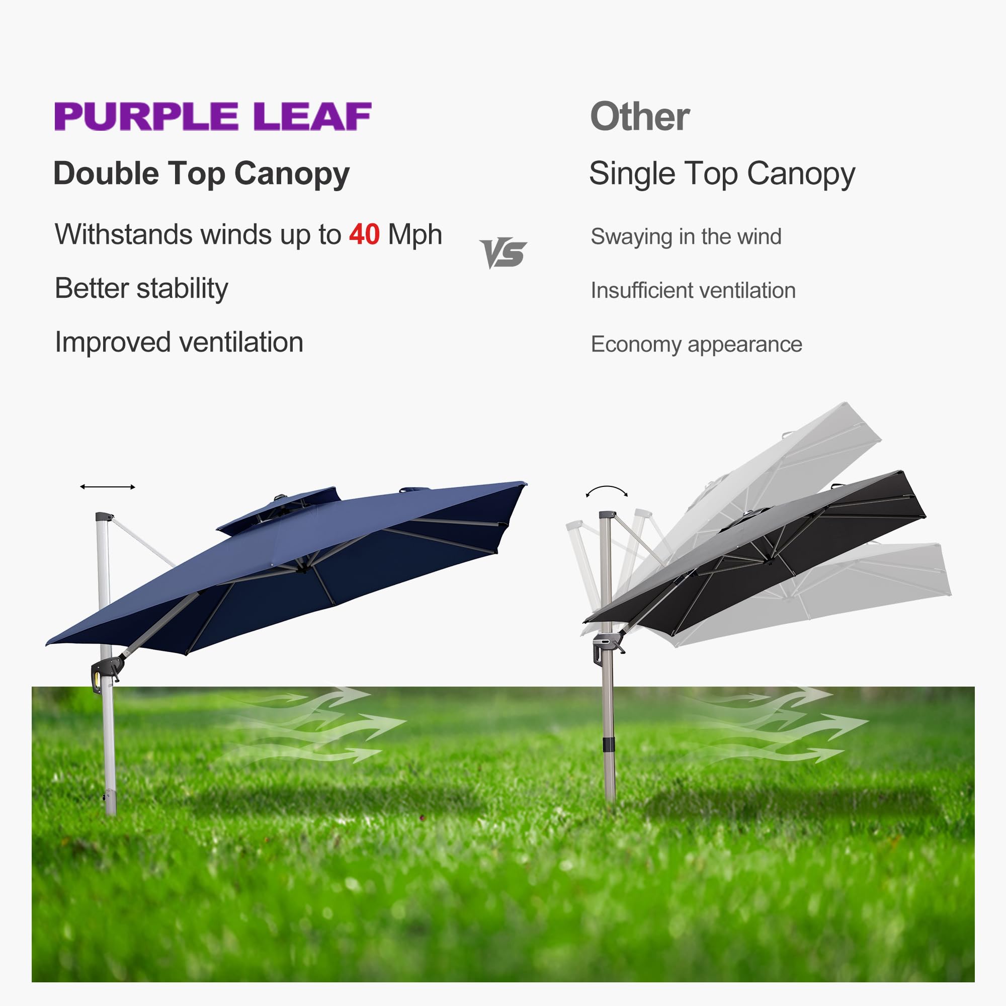 PURPLE LEAF 9ft Outdoor Square Cantilever Umbrella - Windproof Heavy Duty Sun Shade for Garden, Deck, Pool & Patio (Navy Blue) | Perfect for Backyard BBQs, Beach Lounging and Outdoor Dining
