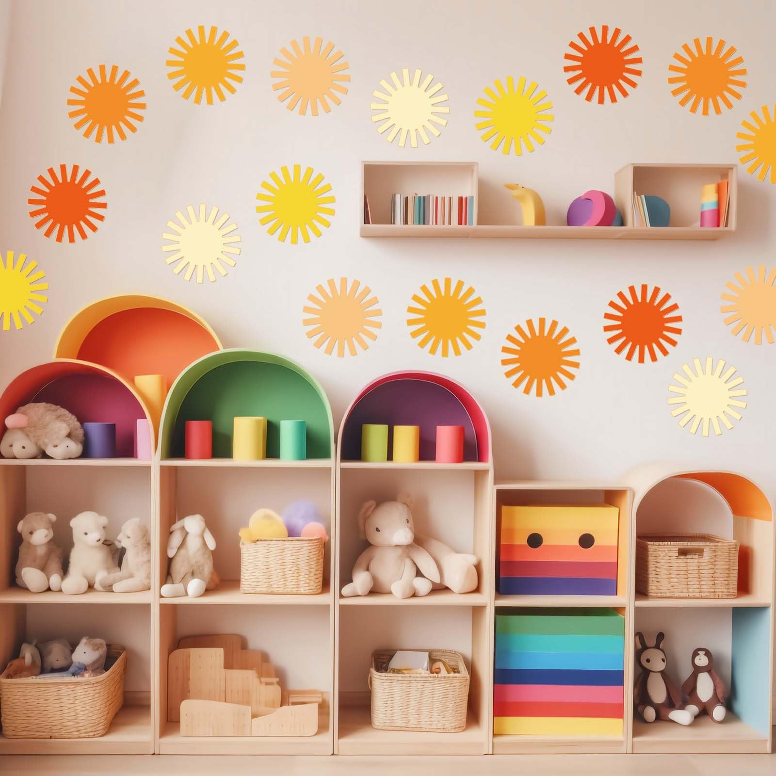 Boho Sun Cutouts - 48Pcs Groovy Sun Paper Cut-Outs with 100 Glue Points for DIY Craft, Summer Bulletin Board Decor, First Birthday Party, Classroom Wall Decoration, Baby Shower & Home Decor Supplies
