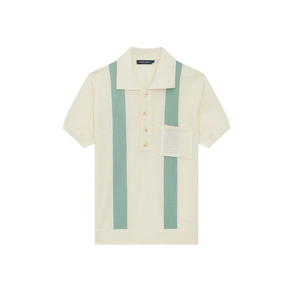 FRESCOBAL CARIOCA Crochet Stripe Polo Shirt for Men - White & Aqua Casual Summer Top - Perfect for Beach Outings, Weekend Brunch, and Vacation Wear