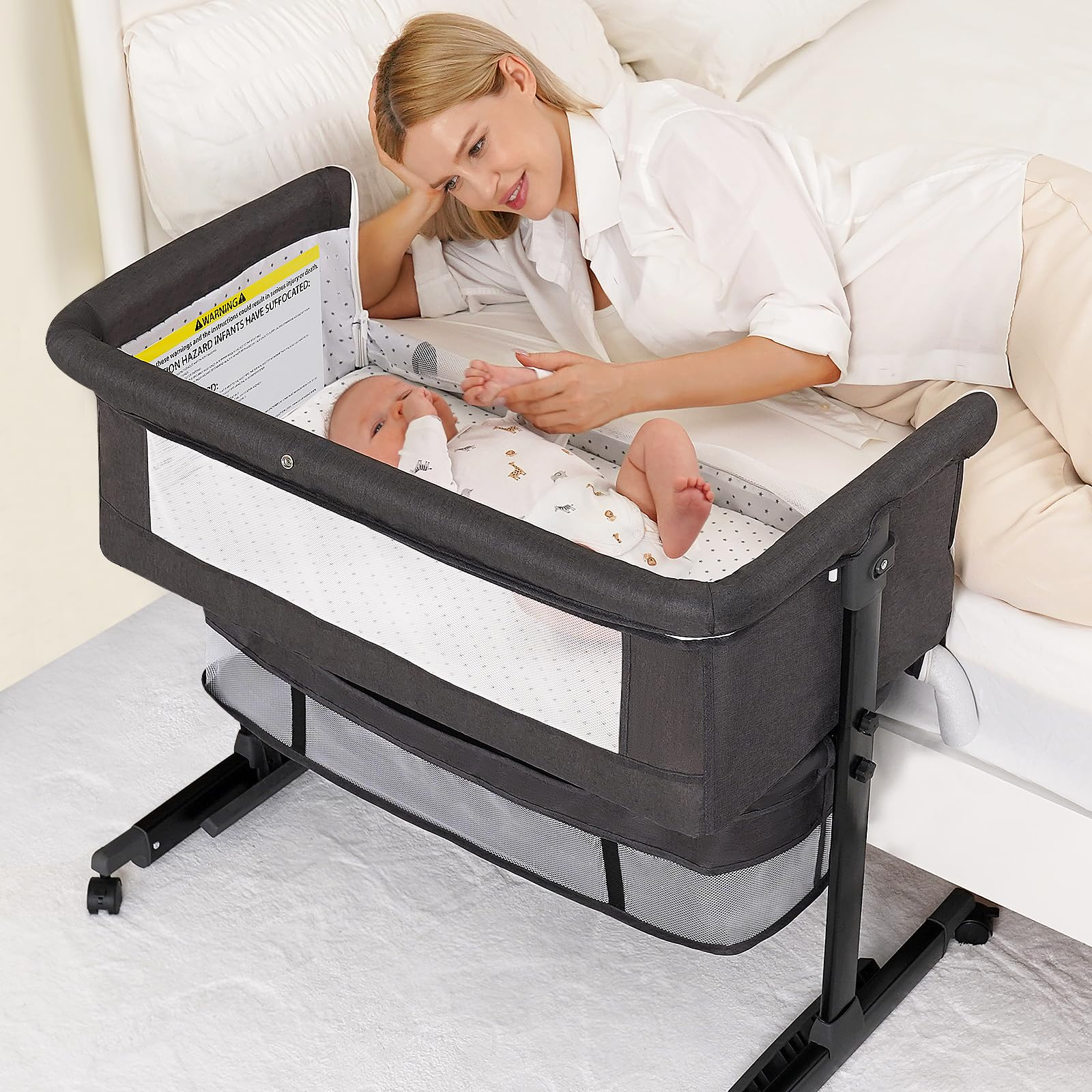 3-in-1 Adjustable Baby Bassinet Bedside Sleeper with Wheels & Storage Basket - Breathable Mesh, Rocking Mode, Easy Fold - Perfect for Nursery, Bedroom & Travel (Dark Gray)