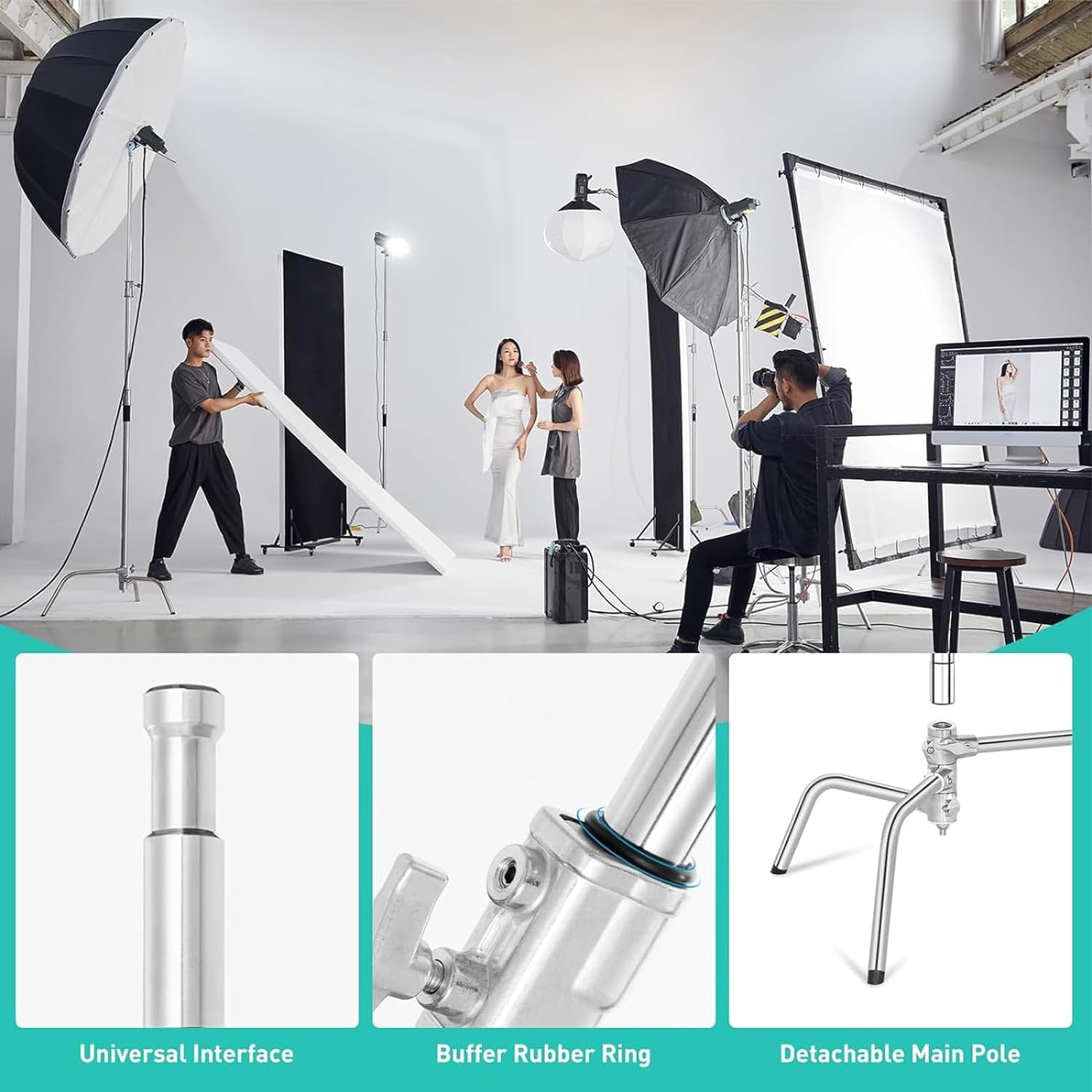 Heavy Duty C Stand with Boom Arm for Photography - 10.8ft/330cm Max Height, 4.2ft/127cm Holding Arm, Silver Stainless Steel Light Stand | Perfect for Studio Lighting, Video Production & Portrait Photography