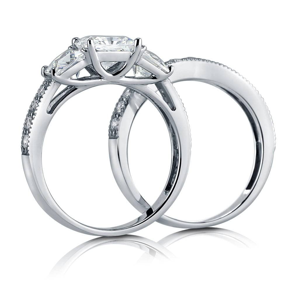 BERRICLE Sterling Silver 3-Stone Princess Cut Cubic Zirconia Wedding Engagement Ring Set for Women 1.6 Carat CZ Rhodium Plated Size 4-10 - Perfect for Proposals, Anniversaries & Special Occasions