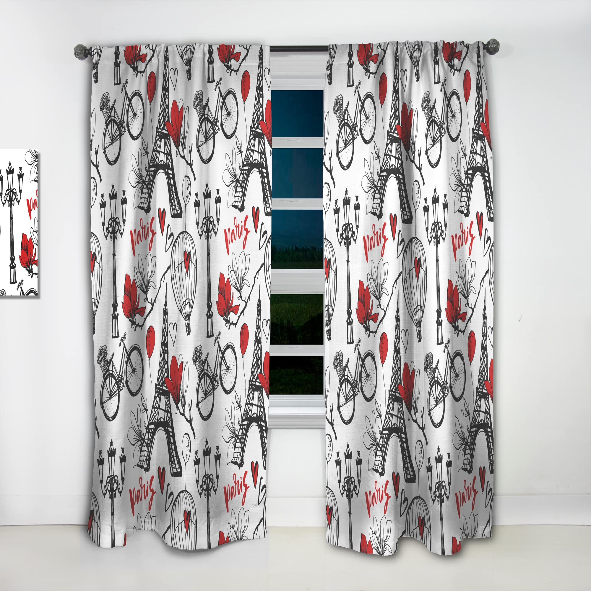 DesignQ Paris Eiffel Red Hearts Thermal Insulated Curtains - Single Panel 52x84 - Elegant Window Treatments for Bedroom & Living Room | Perfect for Home Decor & Temperature Control