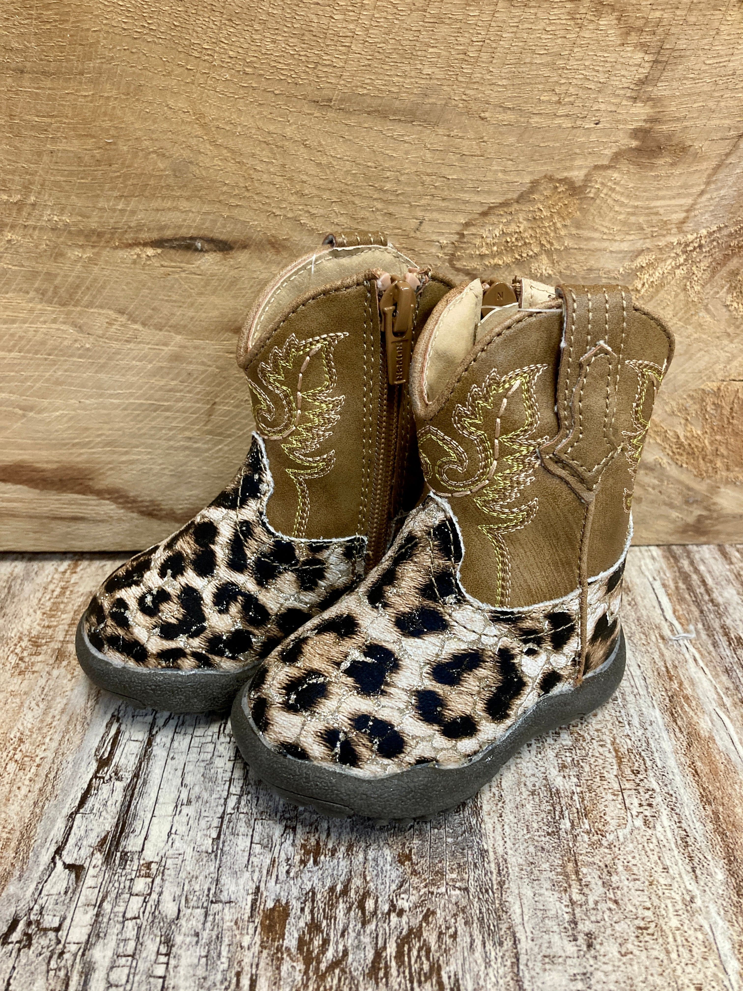 Roper Infant Cowbabies Glitter Leopard Tan Boots - Cute Baby Western Booties for Girls & Boys - Perfect for Cowboy/Cowgirl Costumes, Photo Shoots & Western-Themed Parties
