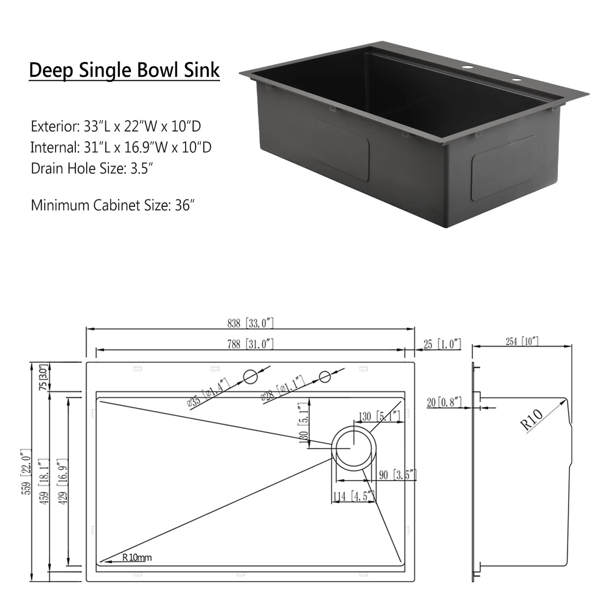 33 Inch Black Drop-In Kitchen Sink - Jshozzy 33x22 Stainless Steel Single Bowl Topmount Sink with Offset Drain | 16 Gauge Deep Workstation Sink for Modern Kitchens | Perfect for Meal Prep, Dishwashing & Large Cookware