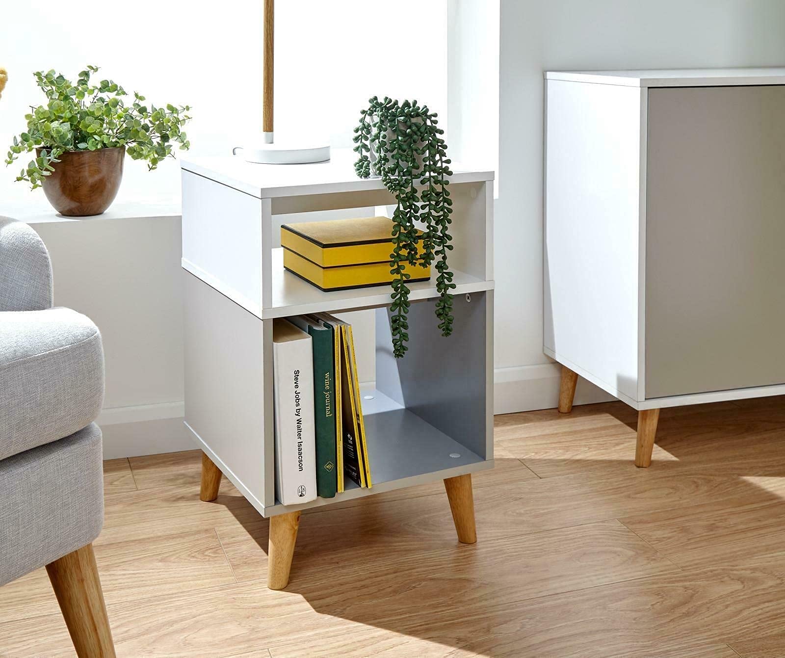 White and Grey Spindle Leg Nightstand - Modern Bedside Table with Drawer for Bedroom, Living Room, or Office | Delta Home Collection | Compact Side Table with Storage Space