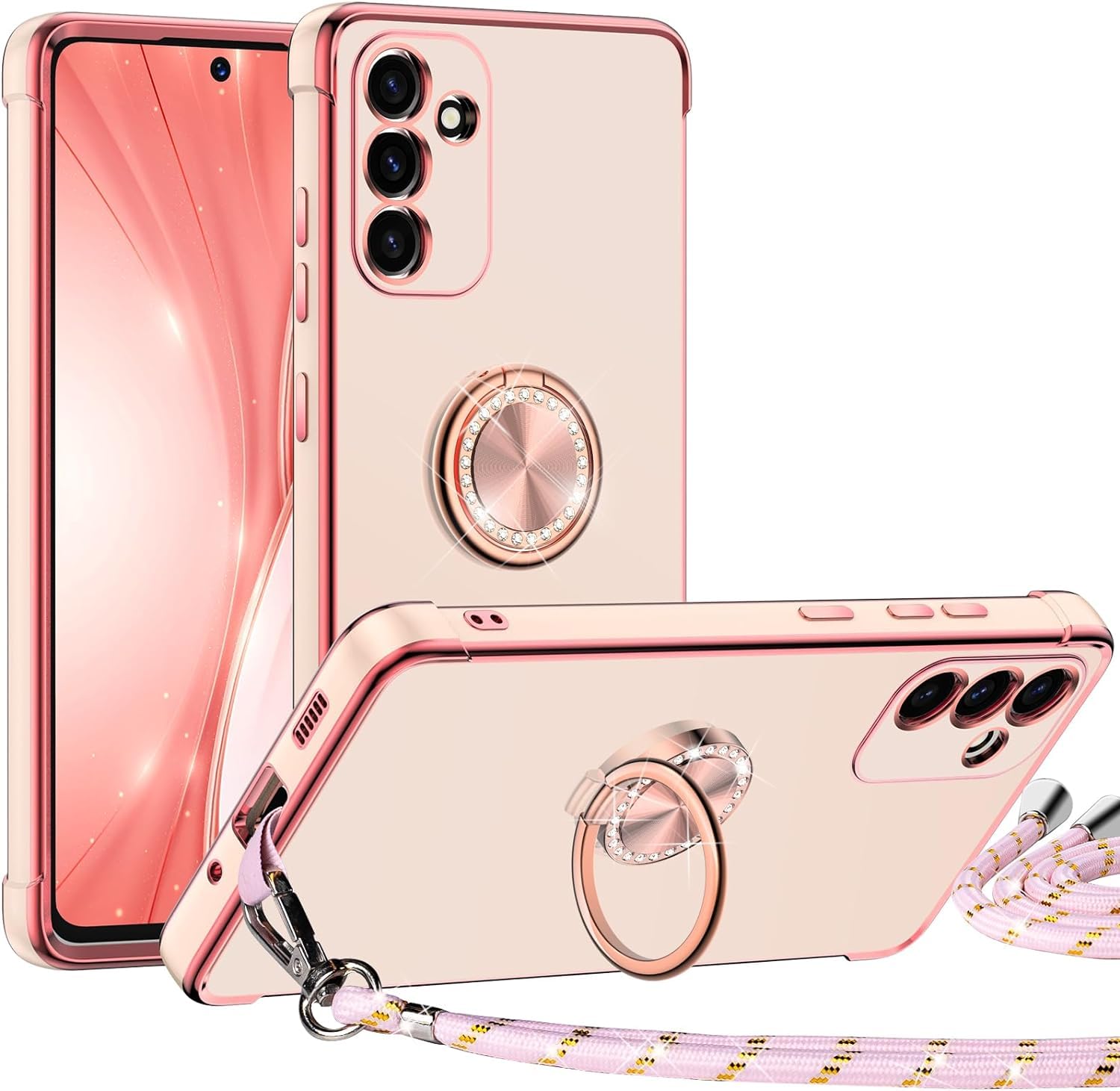 Luxury Electroplated Samsung Galaxy S24 Plus Phone Case with Ring Holder & Lanyard - Shockproof Soft Protective Cover for Women & Girls (Pink) - Perfect for Daily Use, Work, and Travel