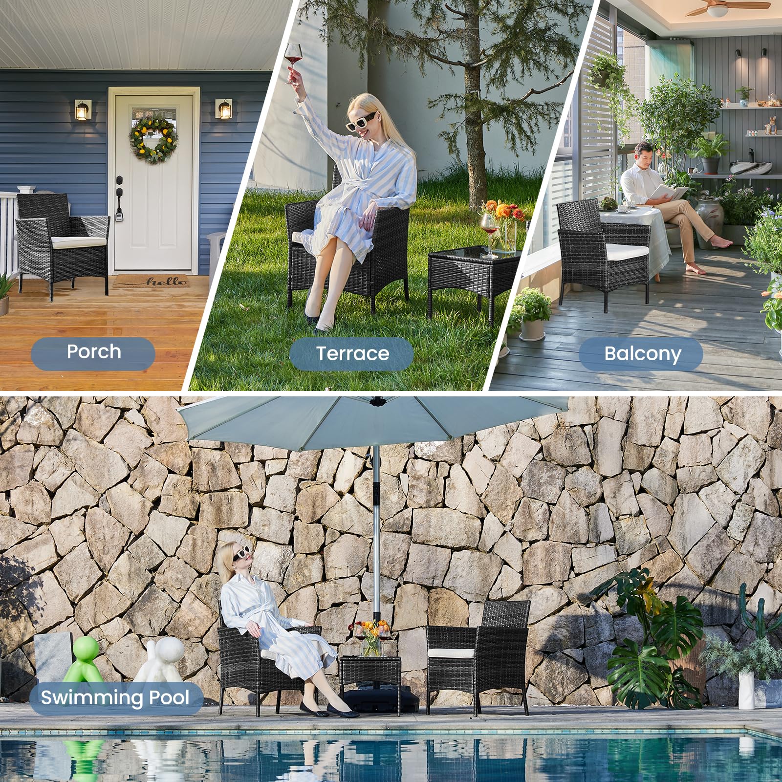 DUMOS 3-Piece Patio Furniture Set - Outdoor Wicker Rattan Sofa & Coffee Table - Modern Garden Conversation Set for Terrace, Porch, Balcony, Lawn (Black & Beige) | Perfect for Outdoor Relaxation & Entertaining