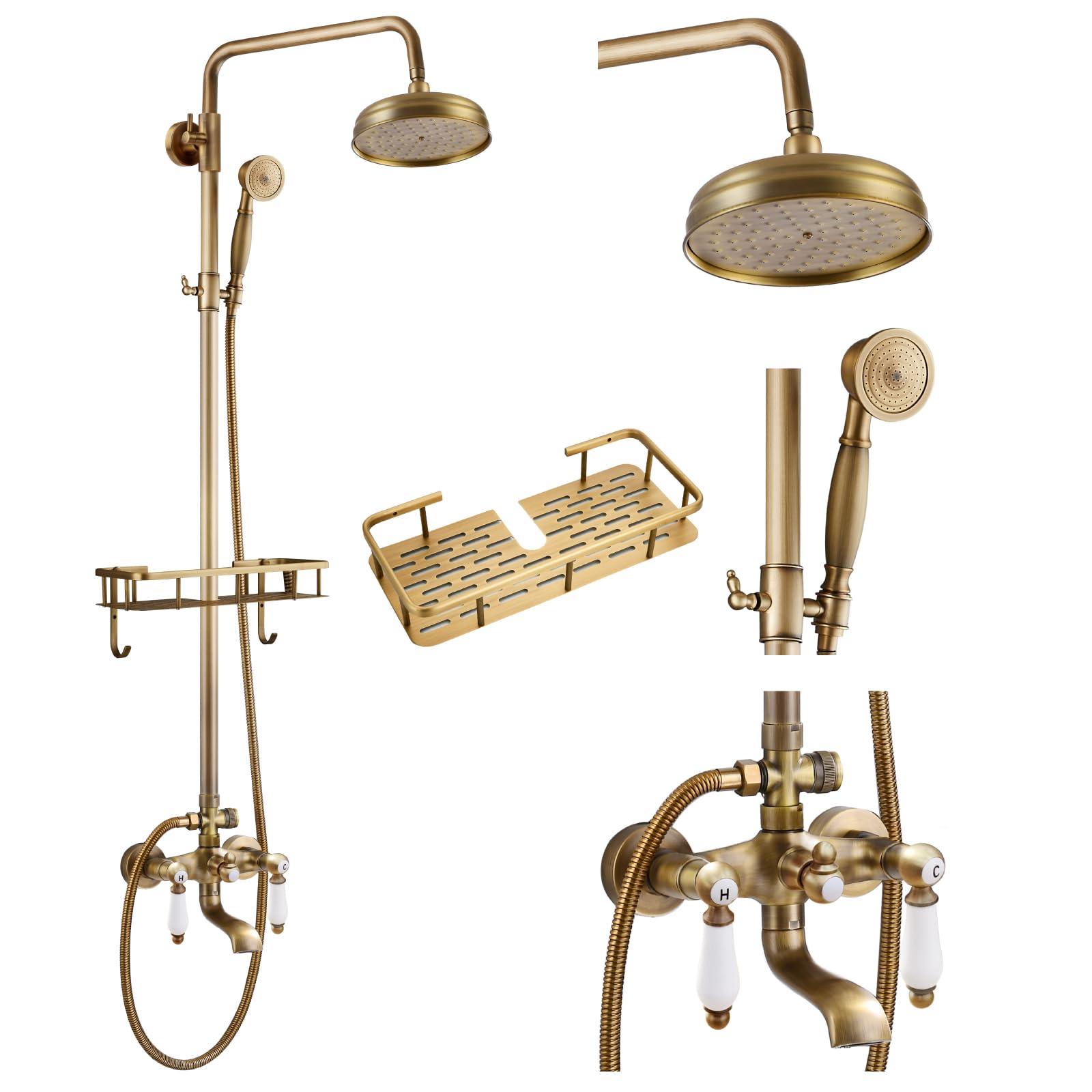 Gotonovo 8 Inch Rainfall Shower Head with Handheld Spray and Tub Spout - 3 Function Wall Mounted Antique Brass Bathroom Faucet Set with Shower Shelf - Perfect for Vintage Style Bathrooms and Spa-Like Shower Experience
