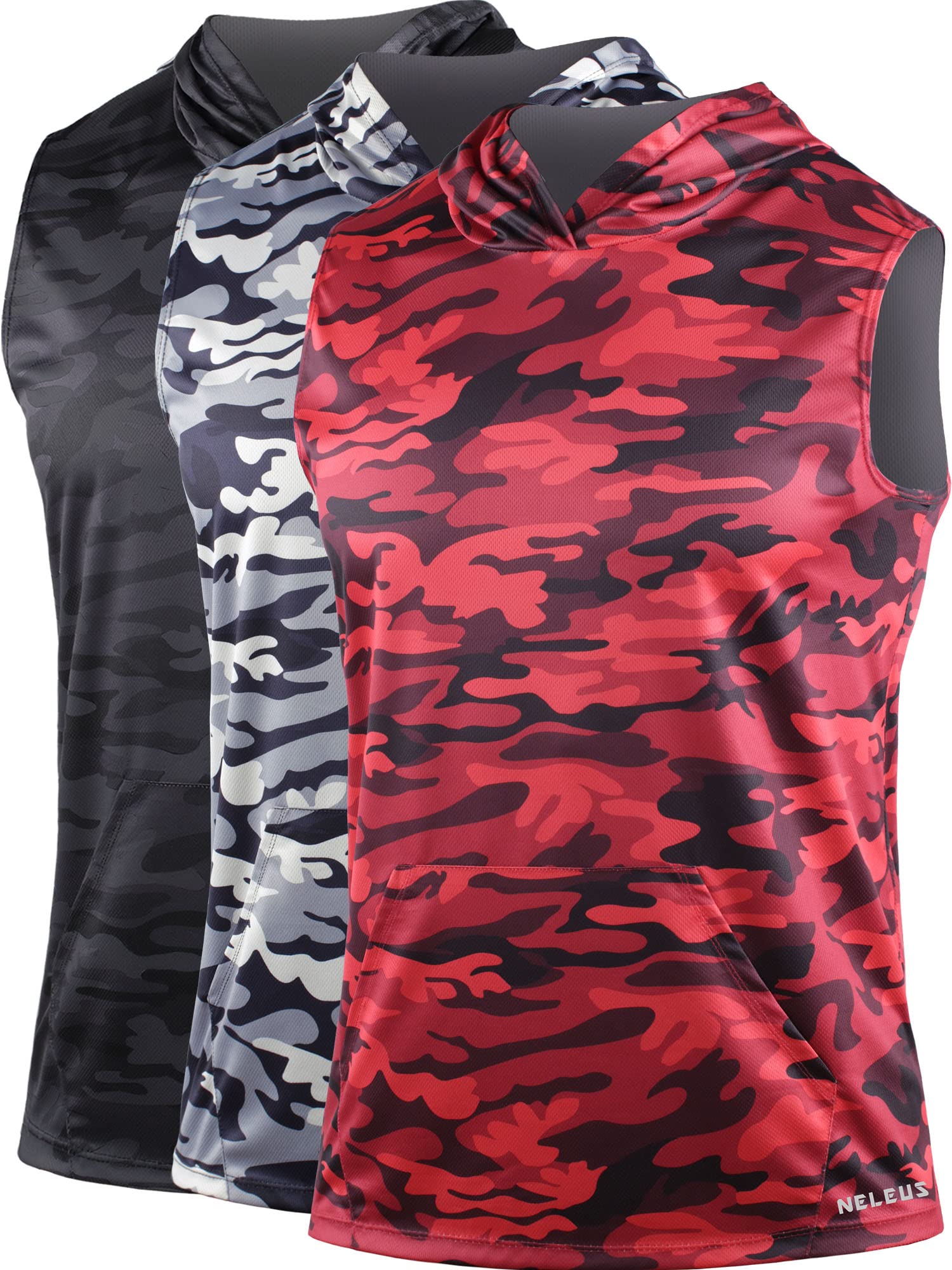 Neleus Men's Running Tank Tops 3 Pack - Breathable Sleeveless Workout Shirts with Hoods for Gym, Jogging & Outdoor Sports | Moisture-Wicking Athletic Performance Tops